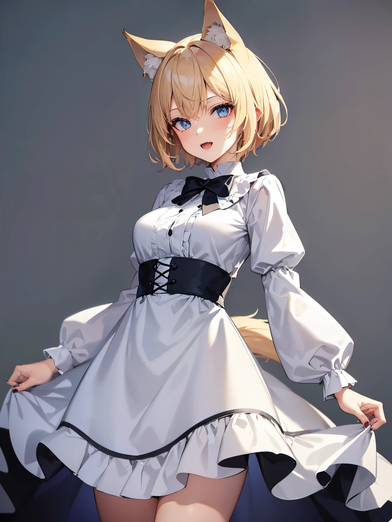 masterpiece, best quality, ultra-detailed, beautiful, 1girl, solo, wolf girl, wolf ears, wolf tail, blonde hair, short hair, fangs, blue eyes, white vintage dress, sharp fingernails, black nails, standing, shoot from front, simple background, looking at viewer, (moe artstyle:1.2), (scribble lineart1.2), (messy lineart:1.2), (sketch:1.3),