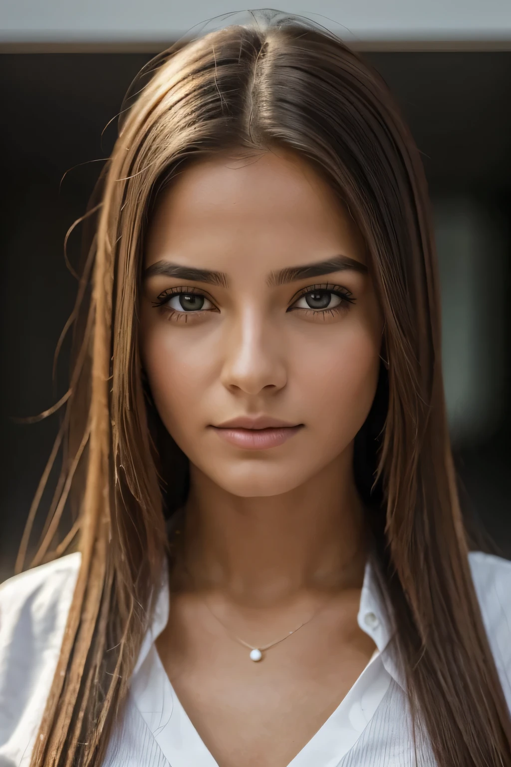 there is a woman with long hair and a white shirt, olhos penetrantes, imagem frontal, she's facing the camera, Retrato tirado 8 K, 1 8 I Melhor qualidade, obra-prima, ultra alto nada, (fotorrealista: 1.4), foto crua, cabelo escuro, lighting dramatic, corpo inteiro, cadela, Seios enormes,