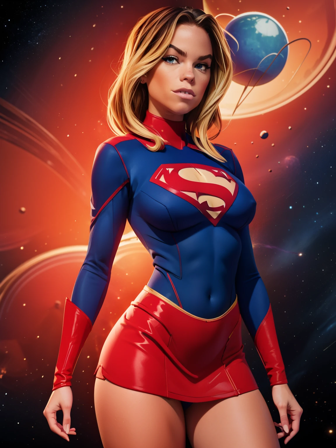 (((COMIC STYLE, CARTOON ART))). ((1 girl)), lonly, solo, A comic-style image of Supergirl a Hot hero Girl, with her as the central figure. She wears a traditional Supergirl blue and red outfit, red little skirt, (((Milly Alcock face))) . ((Hot slim body, little tits)). (((Cinematic cosmic space background))) . She has a strong and courageous expression, as if she is ready to fight evil.
INFO
