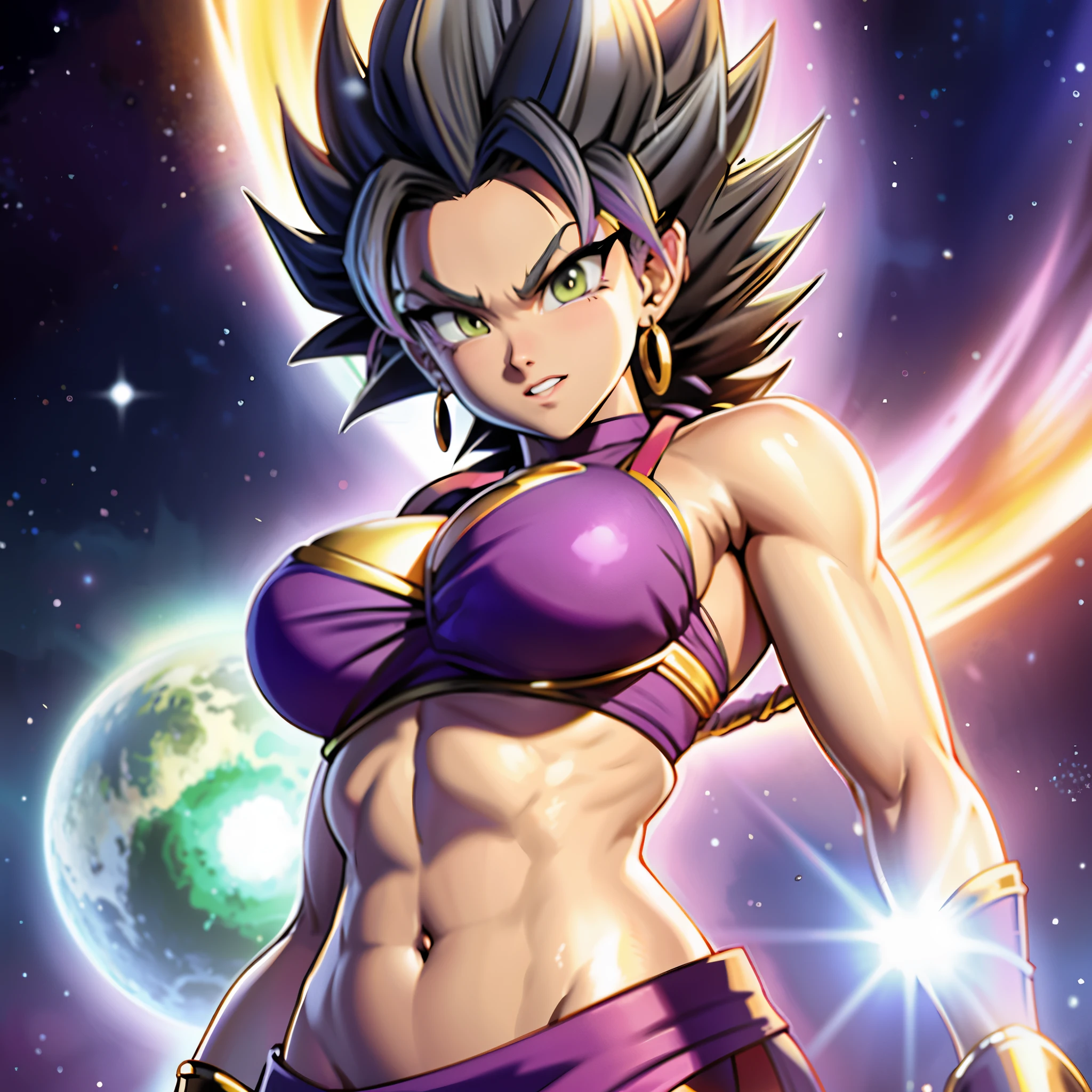 une femme dans un haut de bikini violet et un short violet debout devant un fond de galaxie, fille saiyan, Broly, Goku femelle, style artistique de boule de dragon, Akiri Toriyama, par Akira Toriyama, toriyama akira, art d'anime numérique avancé », Style Akira Toriyama, Dragon Ball Concept Art, Oeuvre officielle, akira toriyama 📹