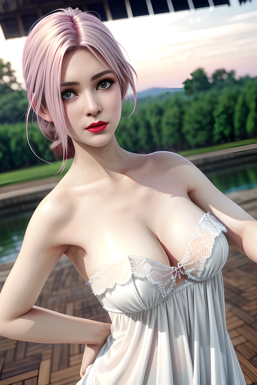 1 girl,Alice,(pajamas),(White strapless dress:1.4),outdoor,  (standing posture),grace,(((red lips))), Lips slightly open,  clavicle,Lactation,(huge breasts),shiny skin,((8k, original photo, top quality, masterpiece), HD RAW color photos professional close-up photos, (actual, photorealism: 1.37), (best quality),8k,Fabric luster,alone,