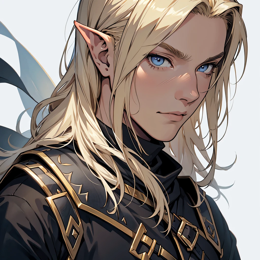 anime, masterpiece, best quality, by professional artist, male, solo, upper body portrait, detailed composition, detailed eyes, white background, long blond hair, elf, grey eyes, black hooded armor