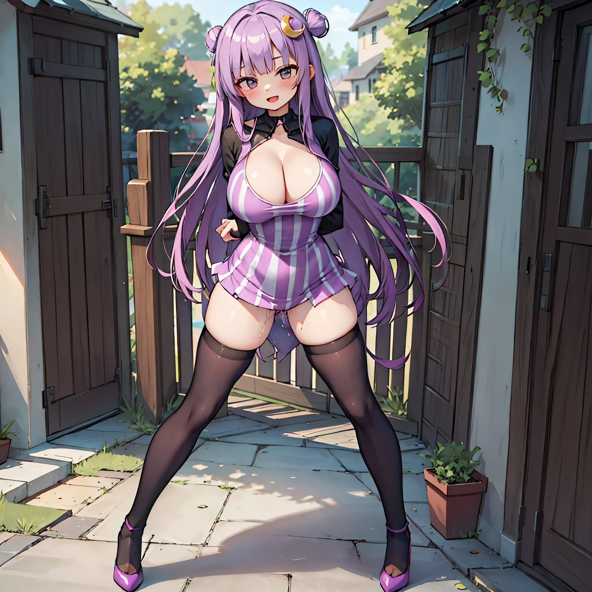 (Patchouli toho character), (standing at lakeside forest), outside, (standing with open legs wide:1.6), (arms behind back:1.3), (bending back:1.2), tiptoe, (pigeon toed), BREAK, (disproportionately gigantic huge perky breasts:1.2), cleavage, bouncing breasts, inconceivably thin waist, very short torso, (thin long legs apart:1.3), BREAK, very short miniskirt, thigh gap, (black thighhighs:1.2), highheels, BREAK, smile for viewer, open mouth, nose blush, full body, (pussy juice)