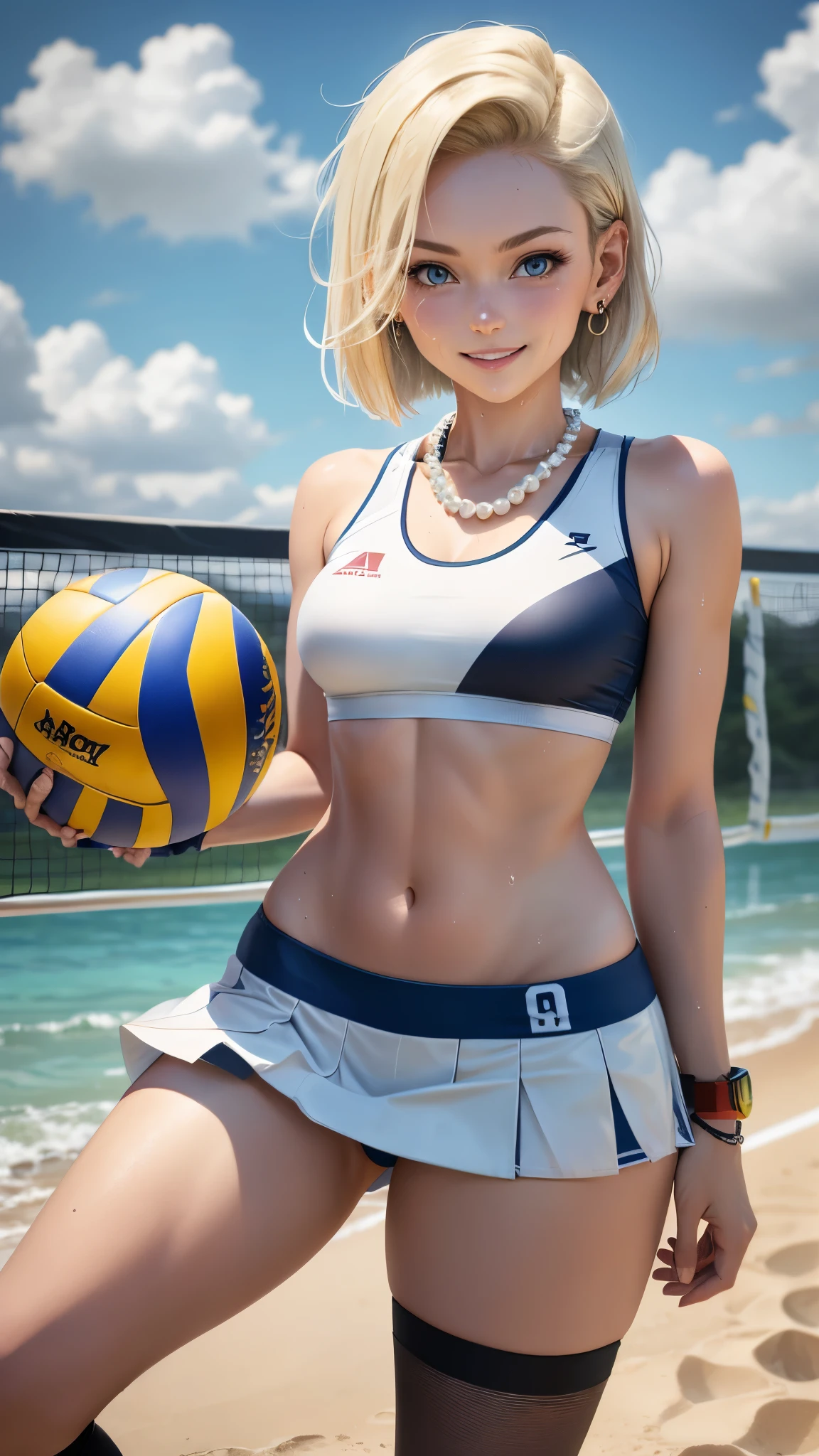 best quality, highres, and18, 1girl, android 18, solo girl, 1girl, blonde hair, blue eyes, sport sneakers, red and white volleyball uniform, pearl necklace, white lycra micro skirt, short hair, white lycra sport top, earrings, wrist sweat bands, medium breasts, cowboy shot, sea shore, straight-on, (weather: and windy), wet body, wet clothes, cute smile, relaxed stance, thigh high socks, volleyball court, striped bikini,