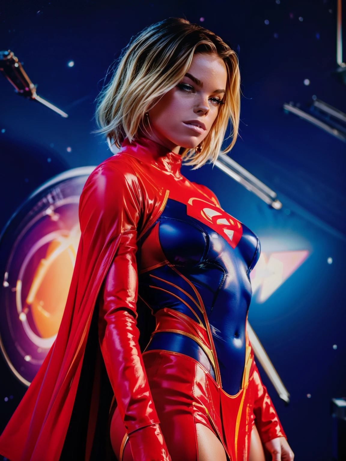 (((COMIC STYLE, CARTOON ART))). ((1 girl)), lonly, solo, A comic-style image of Supergirl a Hot hero Girl, with her as the central figure. She wears a traditional Supergirl blue and red outfit, red little skirt, (((Milly Alcock face))) . ((Hot slim body)). (((Cinematic cosmic space background))) . She has a strong and courageous expression, as if she is ready to fight evil.
INFO
