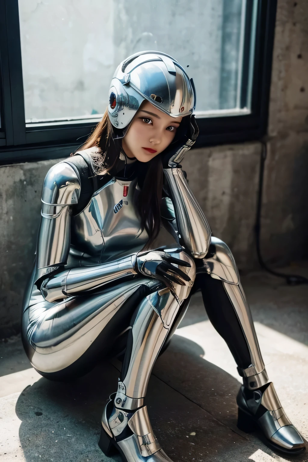 A female robot with a metallic and mechanical body. A head like that'He wears a helmet that covers his hair. Drawing from above the knee indoor