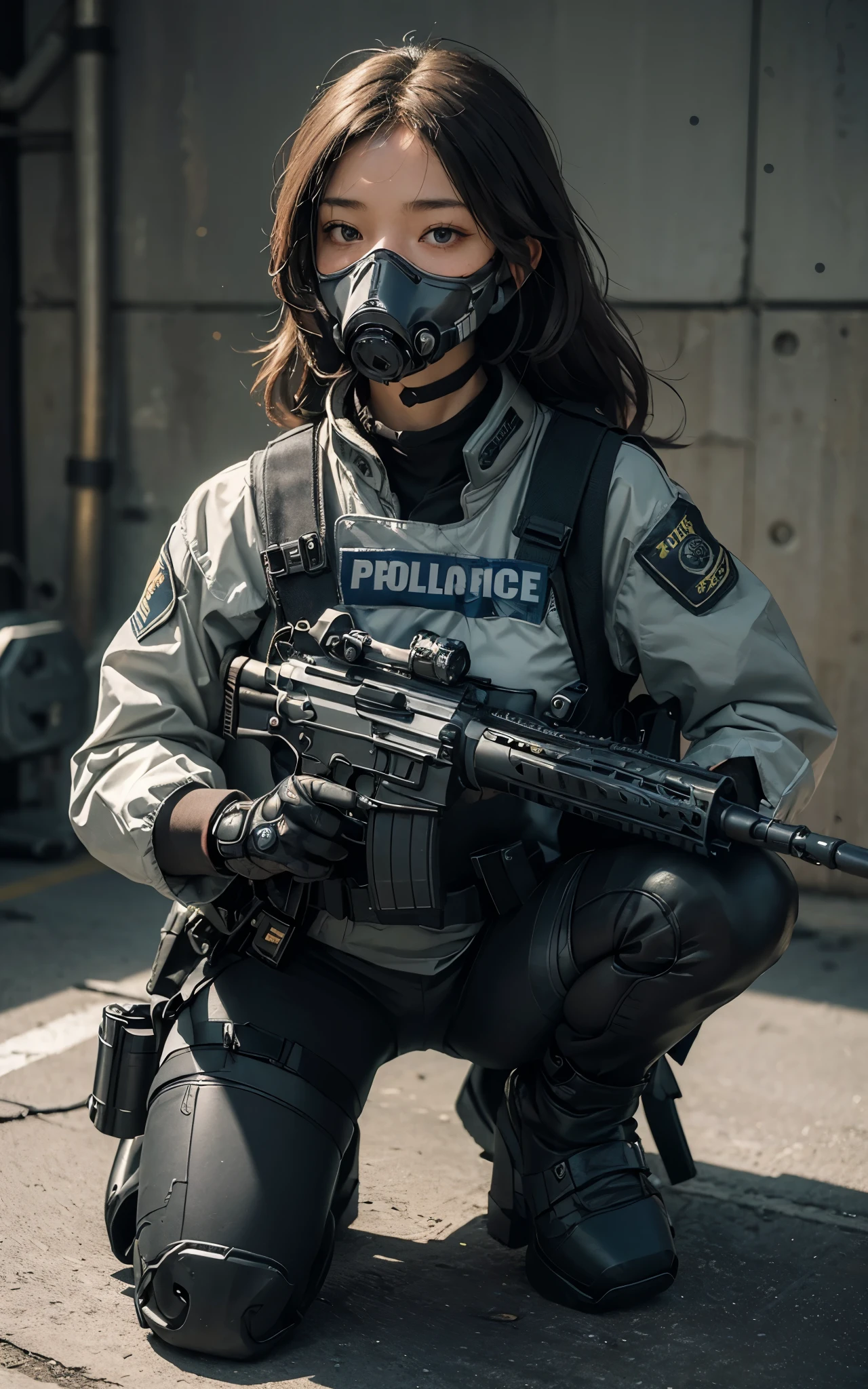 ((best quality, (masterpiece), photorealistic, photorealism, Photorealistic, high resolution)), 1girl full body, aiming with an assault rifle, another girl squatting behind, Combat pose, a bit chubby, (Detailed face), (wearing rash-guard likes police uniform, gloves, black and grey mecha, wearing futuristic-gasmask, military harness, holding a machinegun, carrying hich-tech-launcher), background grey wall, Fingers are occluded