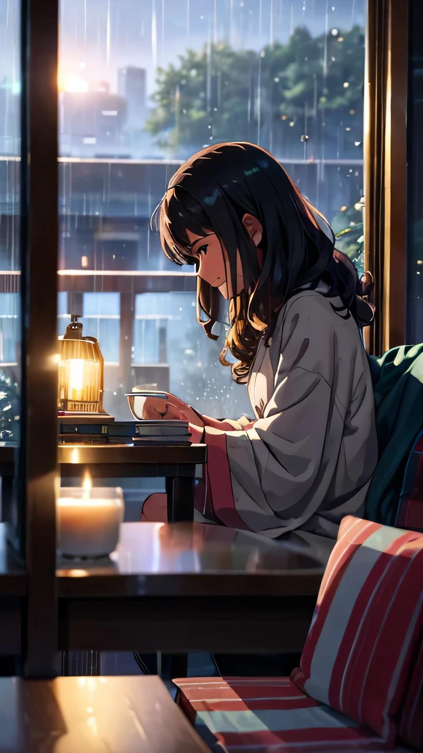 Uma noite chuvosa em casa, uma pessoa se enrola em um cobertor, read a book and have a cup of tea. O lofi cria um ambiente de serenidade, tornando a noite mais acolhedora.
