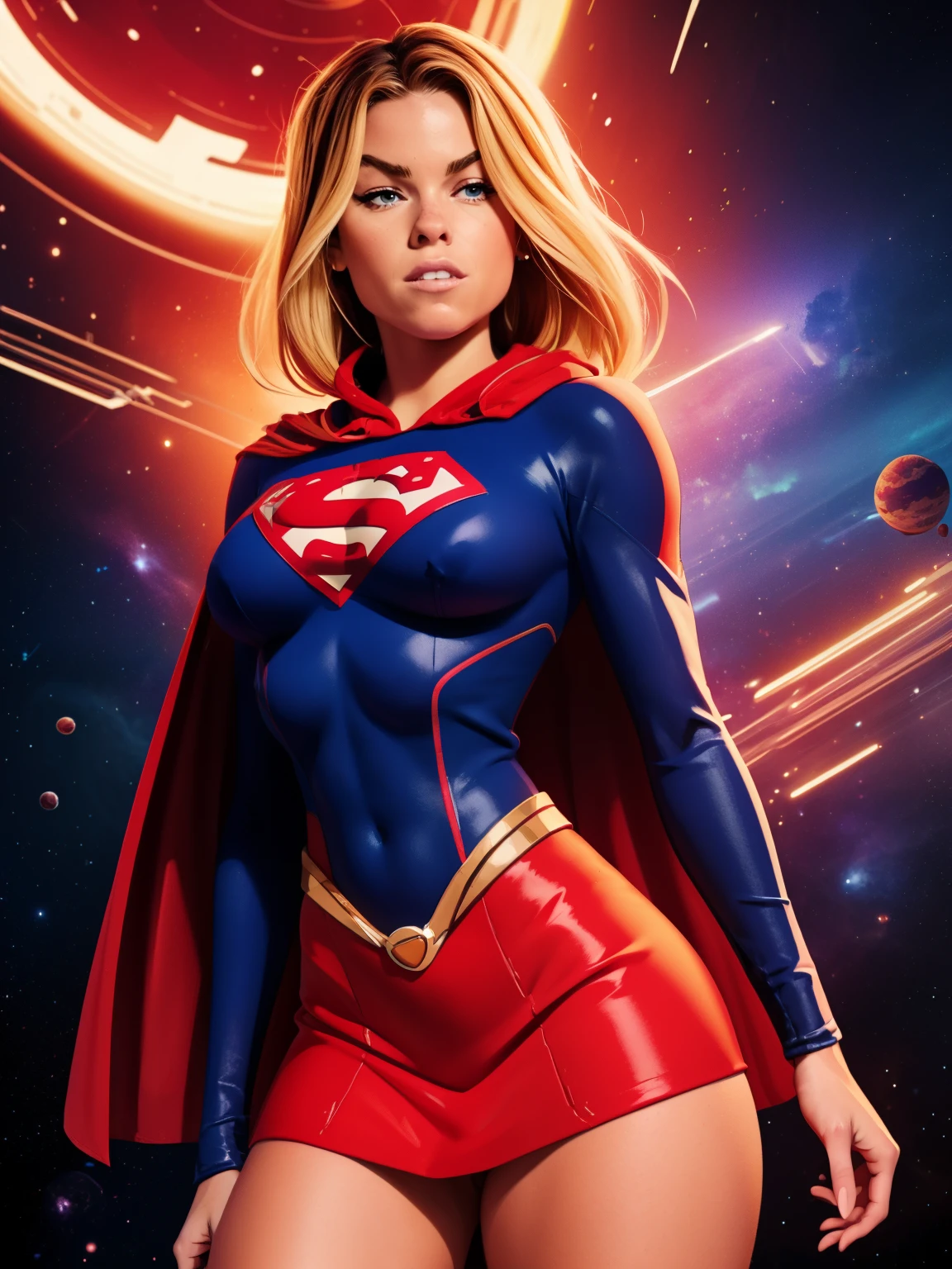 (((COMIC STYLE, CARTOON ART))). ((1 girl)), lonly, solo, A comic-style image of Supergirl a Hot hero Girl, with her as the central figure. She wears a traditional Supergirl blue and red outfit, red little skirt, (((Milly Alcock face))) . ((Hot slim body)). (((Cinematic cosmic space background))) . She has a strong and courageous expression, as if she is ready to fight evil.
INFO