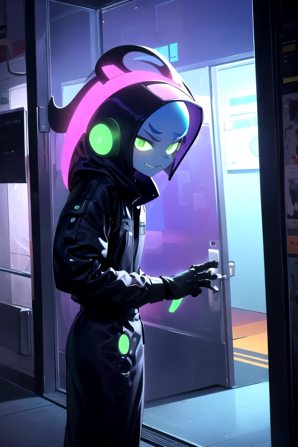 Leo, the protagonist, in a futuristic setting with a sky of violet and blue tones. Dressed in a black and neon green interdimensional costume, Leo displays a sarcastic expression as he watches magical doors appear and disappear in the background. Strange and colorful creatures roam the surreal landscape, while characters of various ethnicities, wearing exotic clothing, look on in fascination. A touch of humor is added by an assistance robot trying to organize an imaginary queue for the doors. The mix of alien elements, vibrant colors, and Leo's nonchalant attitude capture the intriguing and humorous essence of the interdimensional introduction.
