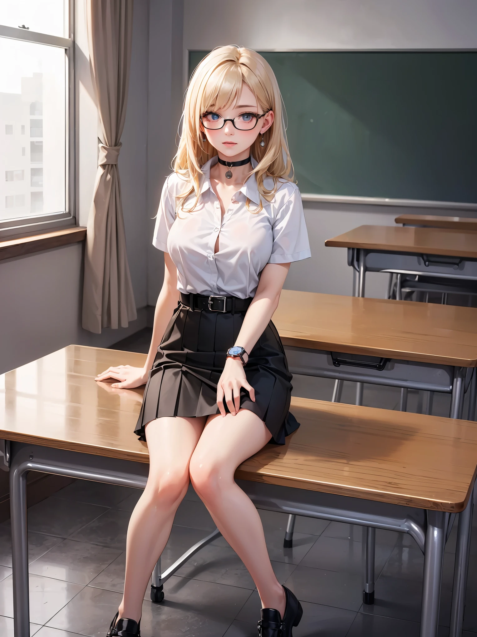 (8k), (best quality), (masterpiece:1.2), classroom, vivid morning light, row of desks, blackboard in the background, 1 girl, schoolgirl, topless, teen, 18 yo, slim, small tits, full body, sitting on a desk, beautiful detailed eyes, beautiful detailed nose, school uniform, miniskirt, very small tanktop, naked tits, open school uniform jacket, topless, sexy underboob, glasses, ponytail, blonde hair,