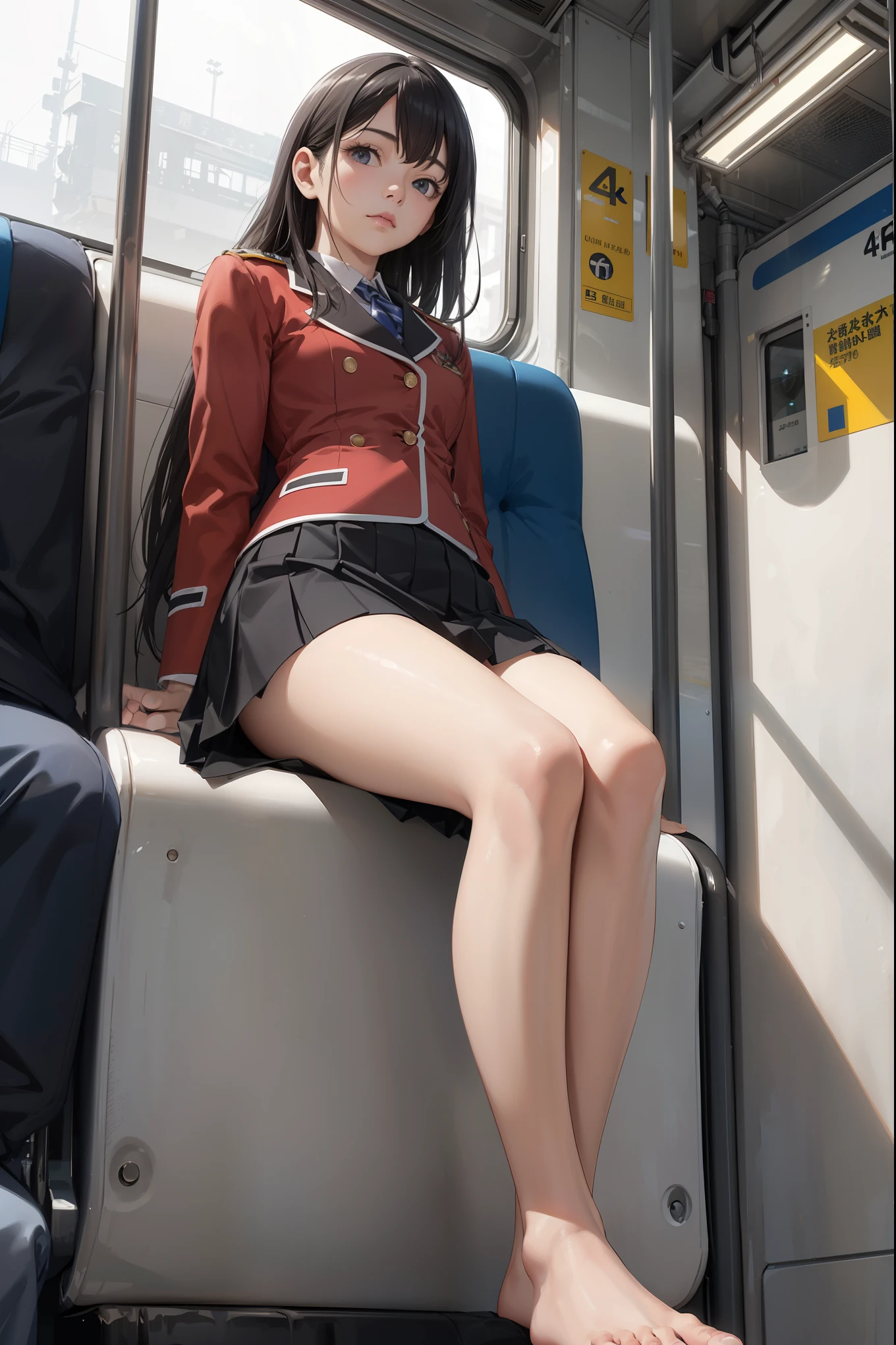"(Masterpiece, High Definition, Ultra High Definition, 4K) Black hair, Japan girl, uniform skirt, emphasizing thighs, white thighs, soft thighs, glossy thighs, sitting on the train, face-to-face angle, (angle from below),sitting in the train seat,Sitting in front,Zoom camera in the crotch,Feet on the train floor,Full body,Looking down and sleepy,Looking at the viewer only", best quality, ultra high definition, (photorealistic:1.4),, high resolution, detail, raw photo, sharp re, Nikon D850 film stock photo by Lee Jefferies 4 kodak portra 400 camera f1.6 lens rich colors hyper realistic lively textures dramatic lighting unreal engine artstation trends cinestir 800,