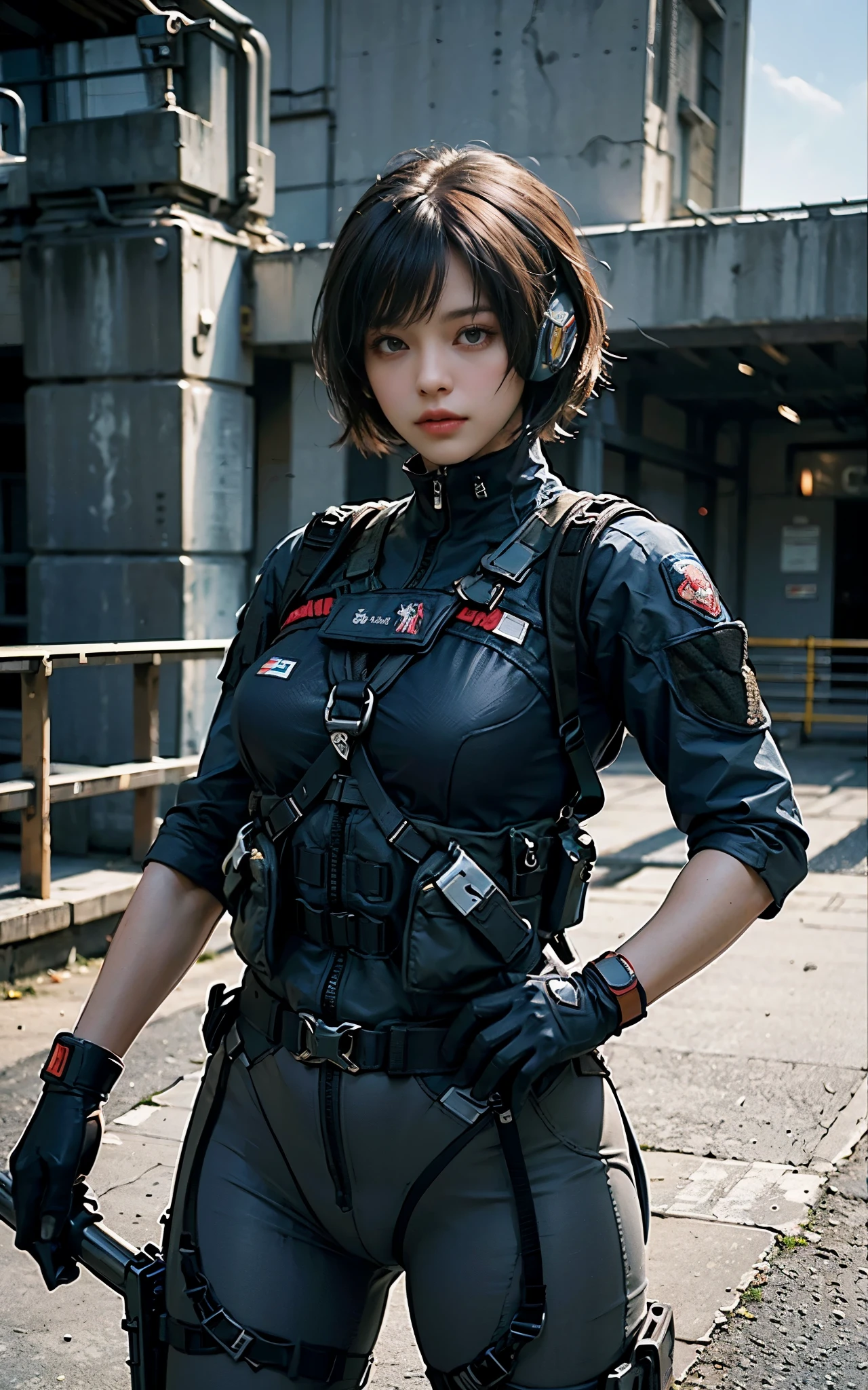 ((Best Quality, 8K, Masterpiece: 1.3)), ((best quality)), photorealistic, photorealism, Photorealistic, high resolution, 1girl aiming with an ak-47 assault rifle, Combat pose, looking at the viewer, (Detailed face), short hair, (wearing red rubber suit, tactical vests, military harness, black gloves, high-tech headset), cloths color based on black dark blue), muscular and plump, revealed plump thigh, Gun, Fingers are occluded, concrete wall background,