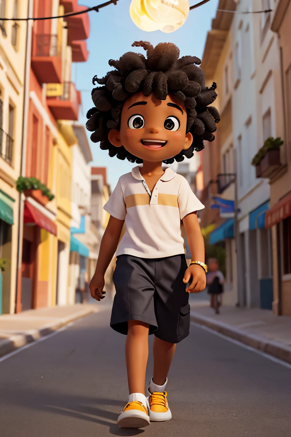 a black boy with curly hair walking down a street very happy and curious with a light bulb above his head