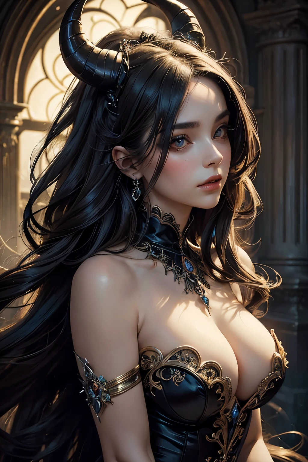 Beautiful painting of a near-perfect female Succubus with a slender figure and large, voluptuous breasts. Her shapeless, flowing hair cascades down in disarray, adorned with small, delicate horns atop her head. Her features are perfection personified, with a captivating gaze that draws you in.

[(Baroque revealing dress, upper body shot, facing camera)] In this intricately detailed rendition, the Succubus dons an extremely baroque, revealing dress that leaves little to the imagination. The fabric clings to her body, showcasing every curve and contour.

[(Abstract beauty, near perfection, pure form, dynamic