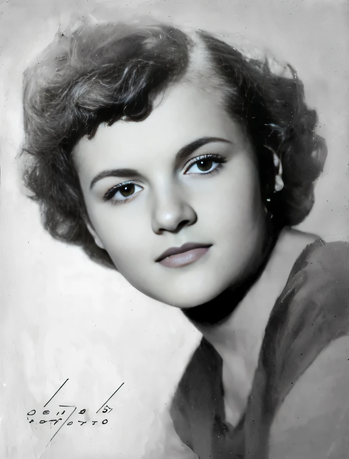 una foto en blanco y negro de una mujer con el pelo corto, in his early 20s, en su temprano 3 0, young parton doll portrait, dolores abernathy, vieja foto en blanco y negro, foto de 1940, young parton doll, foto de mujer joven, black and white old photograph, 1950s photograph
