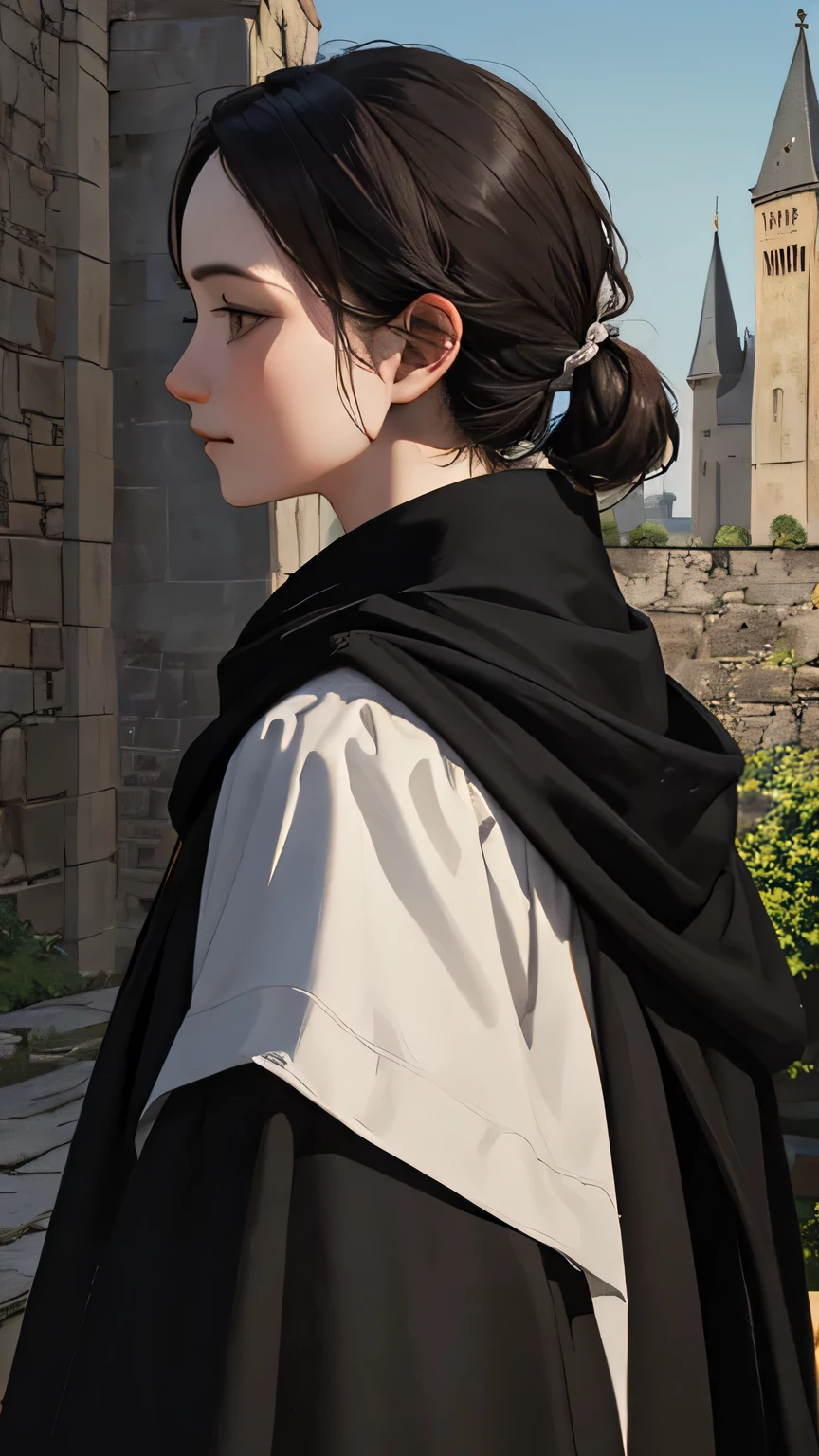 Harry Potter, clothing black robes, Against the background of a medieval castle, Maximum realism, high detail, masterpiece, detailed detailed background, masterpieceальное качество, realism, side view