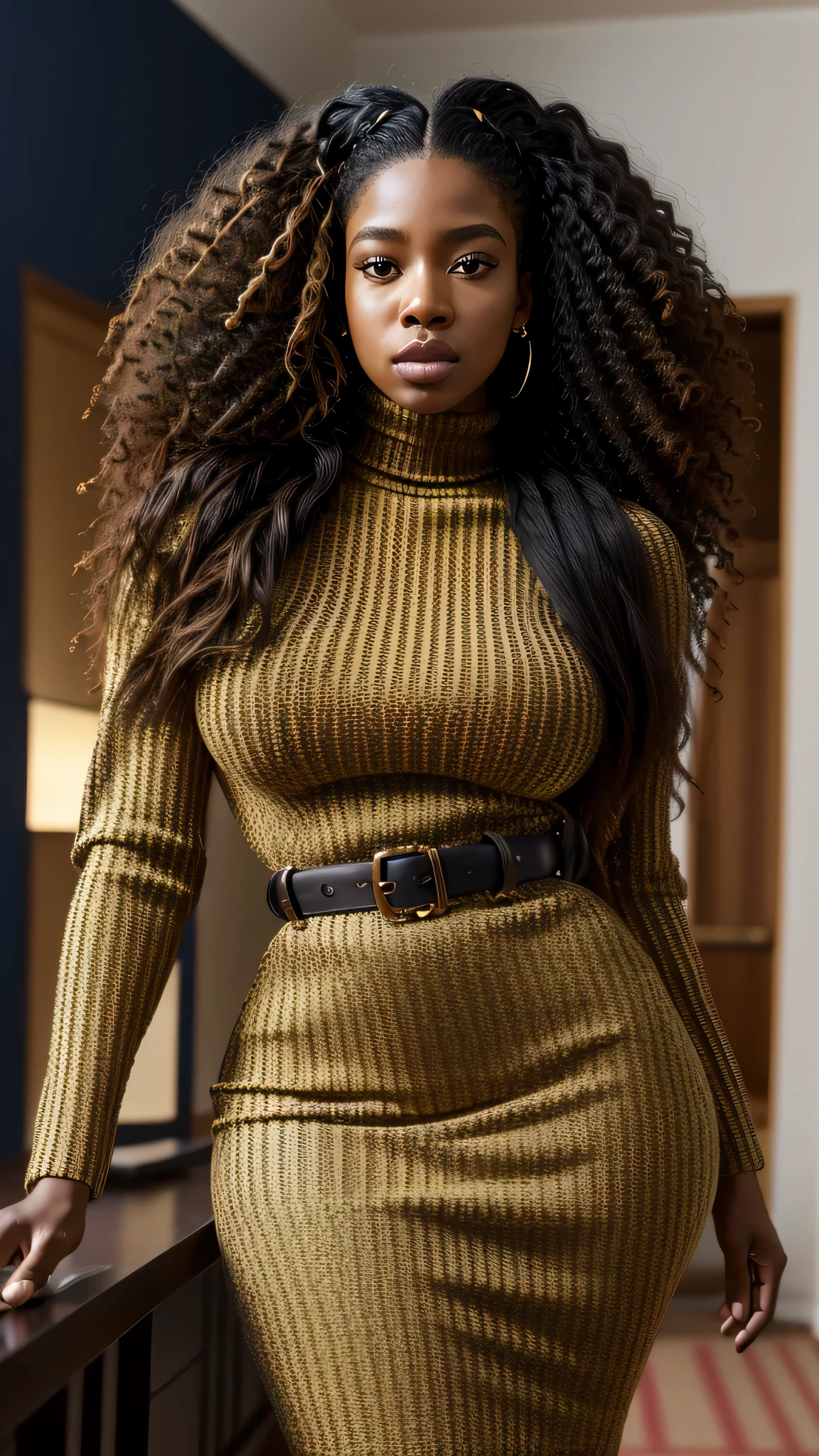 16k, full-body shot. African American-Latino woman, mid-twenties, long straight curly hair up to the waist, sexy curvy Businesswoman, big breasts, Wearing the Yves Saint Laurent-inspired summer collection, Prada, Burberry, Fendi, Milan Fashion Week, MFW, NYFW, turtleneck colorido , Estilo Vogue, corpo todo, Feliz, arquetipo criativa, olhando para camera, em uma office, Diferentes poses, (masterpiece: 1.2) (photorealistic: 1.2) (bokeh) (best quality) (detailed skin:1.2) (intricate details) (Clutter-Home) (8k) (HDR) (cinematic lighting) (sharp focus)