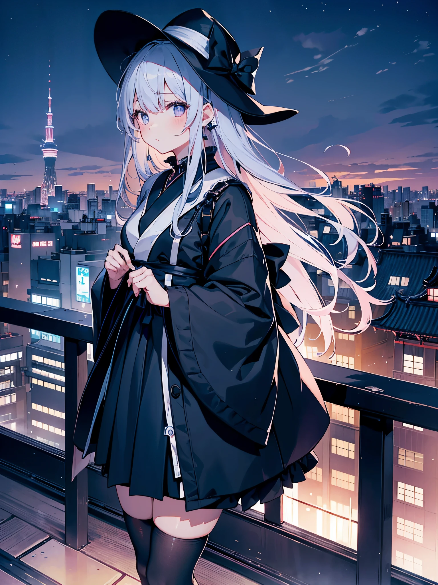 japanese illustration、A girl lost in thought on the rooftop of a lit-up building at night in Tokyo、Woman wearing a large black witch hat with small sapphire accessories、She is wearing a white dress with a navy blue ribbon.、navy blue skirt、black stockings、black sneakers with white laces、carrying a sniper rifle on his back、Tokyo at night、The night view is beautiful、An expression that looks sad but shows strong will.、The girl stands up and looks into the distance