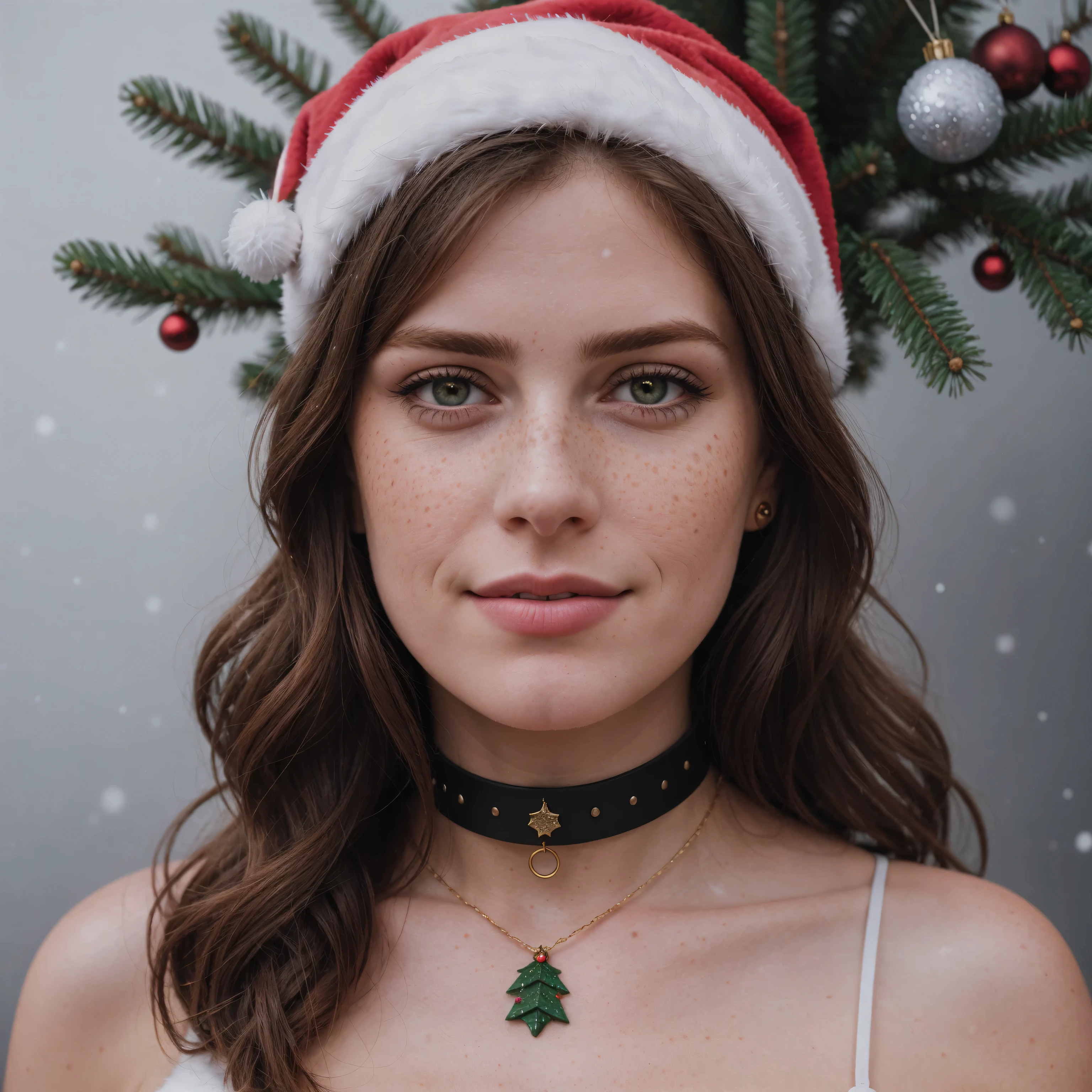 foto, Rule of Thirds, dramatic lighting, cabelo medio, rosto detalhado, nariz detalhado, Mulher in Christmas clothes, sardas, coleira ou gargantilha, perfect detailed hand, sorriso, tatuagem, fundo complexo, realismo, realista, Duro, analogue, Mulher , Christmas hat, retrato, fotorealista, analogue, realismo, foto background with christmas tree and gifts, Fundo nevado de uma cidade que celebra um Natal.