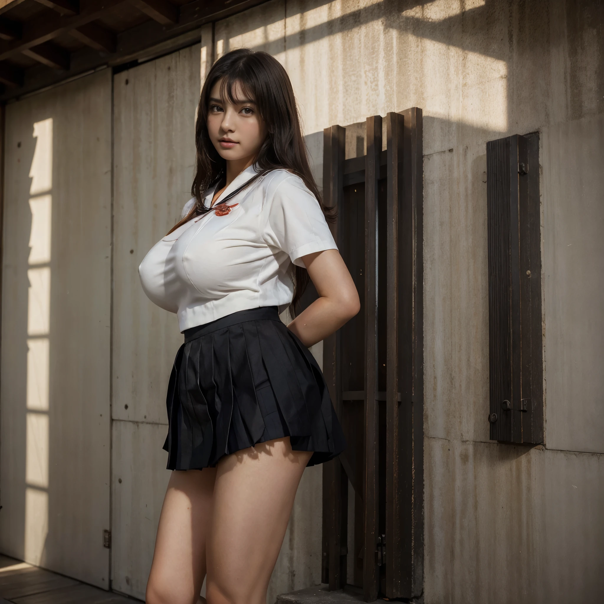 cute age girl, Height about 160cm,huge breasts, brown eyes, japanese uniform、sailor suit,short pleated skirt、full body shot、 long straight black hair, masterpiece, 最high quality, 超high quality, high quality, High resolution, ultla High resolution, disorganized, 4k, 8K, 16k, very detailed, Complex, great shading, high contrast, realistic, photo realistic, RAW photo, photo shoot, super detailed illustrations, shortening, perfect anatomy, correct anatomy, perfect proportions, perfect face, perfect hands, perfect legs, perfect fingers