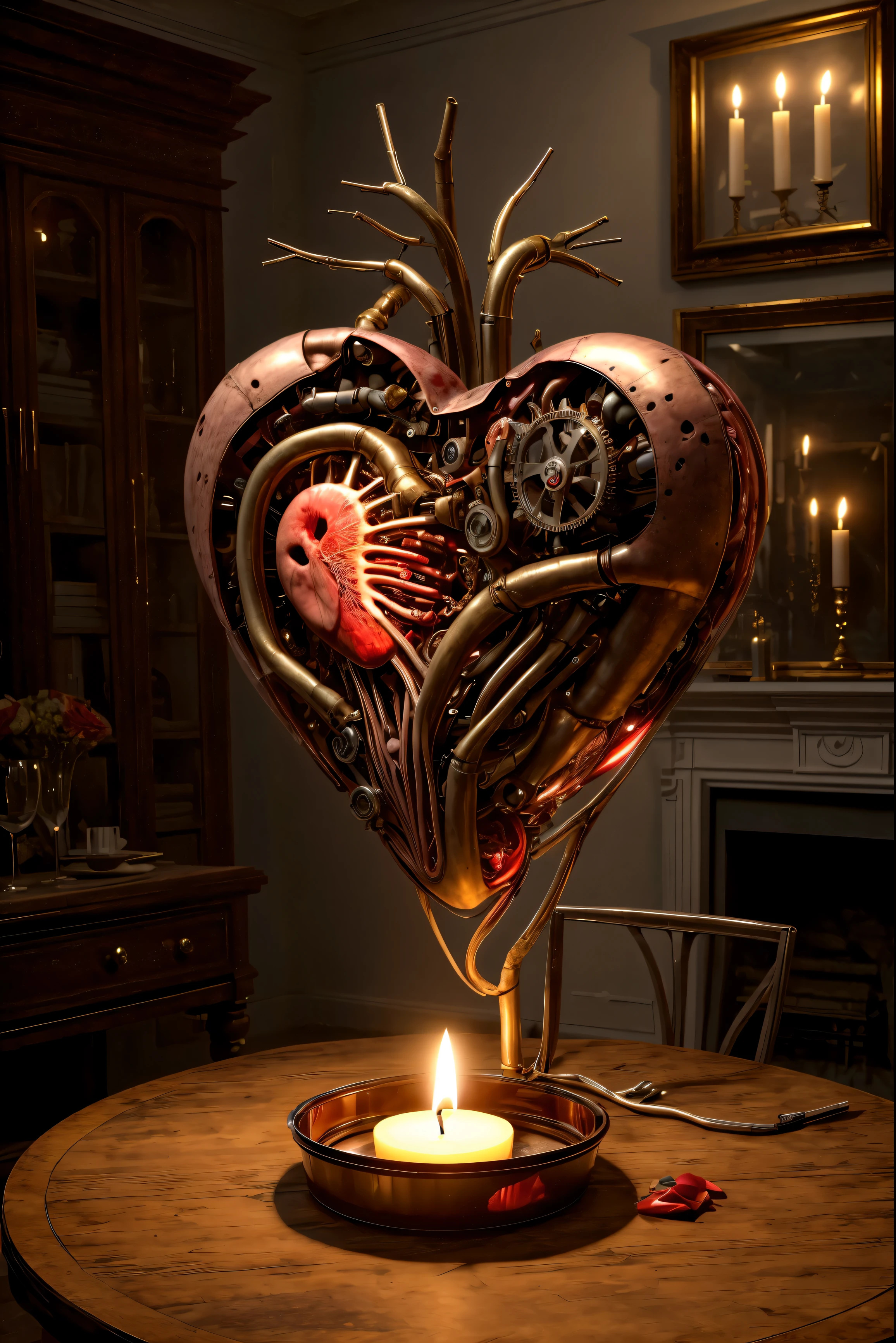 BiopunkAI, a mechanical heart sits on display on an elegant table in a (spooky Victorian mansion), candle light focusing on the heart, (valentines day decorations) haphazardly placed around the room, creepy celebration, dark-room, subsurface scattering, cinematic lighting, high-budget, ultra-detailed, high quality, highres, high saturation