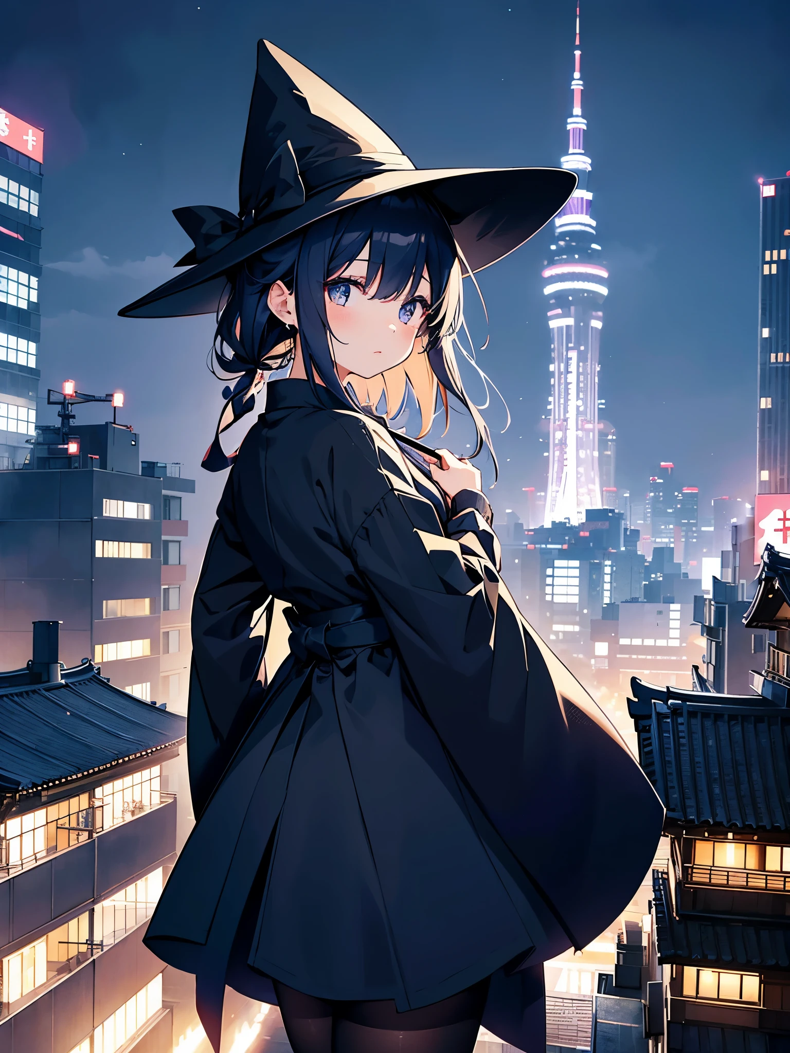 japanese illustration、A girl lost in thought on the rooftop of a lit-up building at night in Tokyo、Woman wearing a large black witch hat with small sapphire accessories、She is wearing a white dress with a navy blue ribbon.、navy blue skirt、black stockings、black sneakers with white laces、carrying a sniper rifle on his back、Tokyo at night、The night view is beautiful、An expression that looks sad but shows strong will.、The girl stands up and looks into the distance
