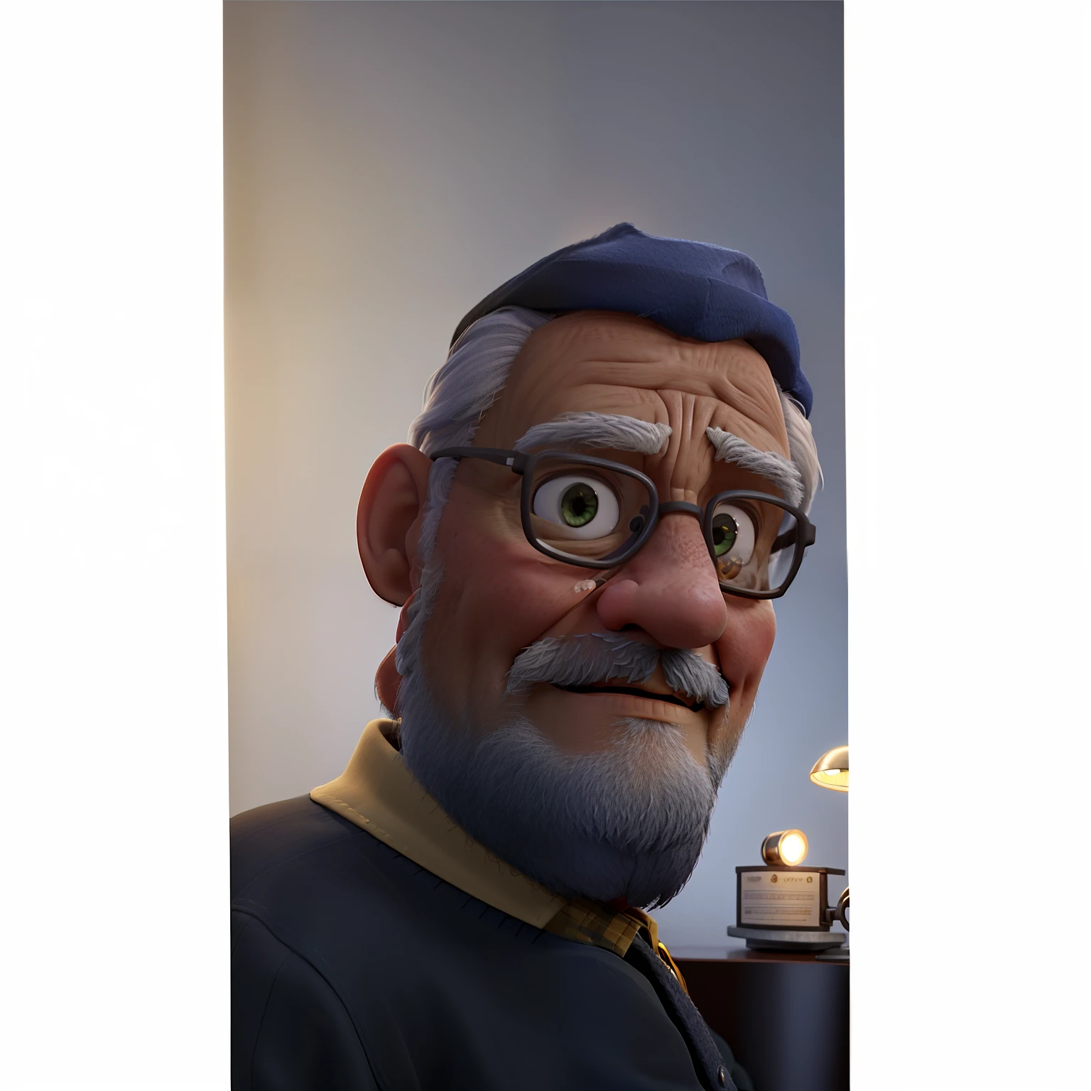 A wise old man standing in front, illuminated by the light of a lamp, tendo como pano de fundo uma biblioteca