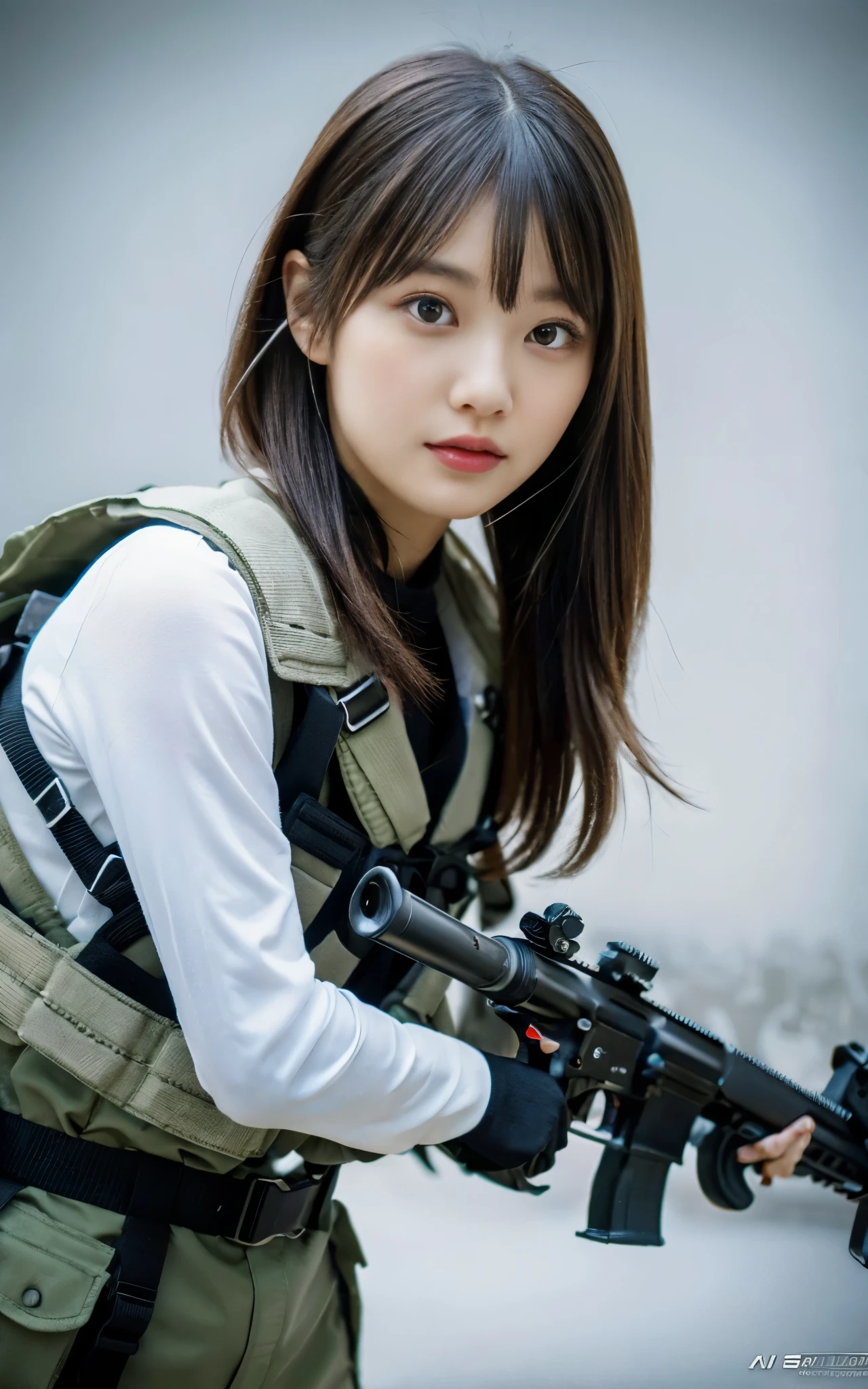 ((Best Quality, 8K, Masterpiece: 1.3)), ((best quality)), photorealistic, photorealism, 1girl aiming with an ak-47 assault rifle, Combat pose, Photorealistic, high resolution, looking to the camera, (Detailed face), short black hair, red rubber suit, tactical vests, military harness, revealed thigh, Gun,black gloves, high-tech headset, Fingers are occluded, concrete wall background,