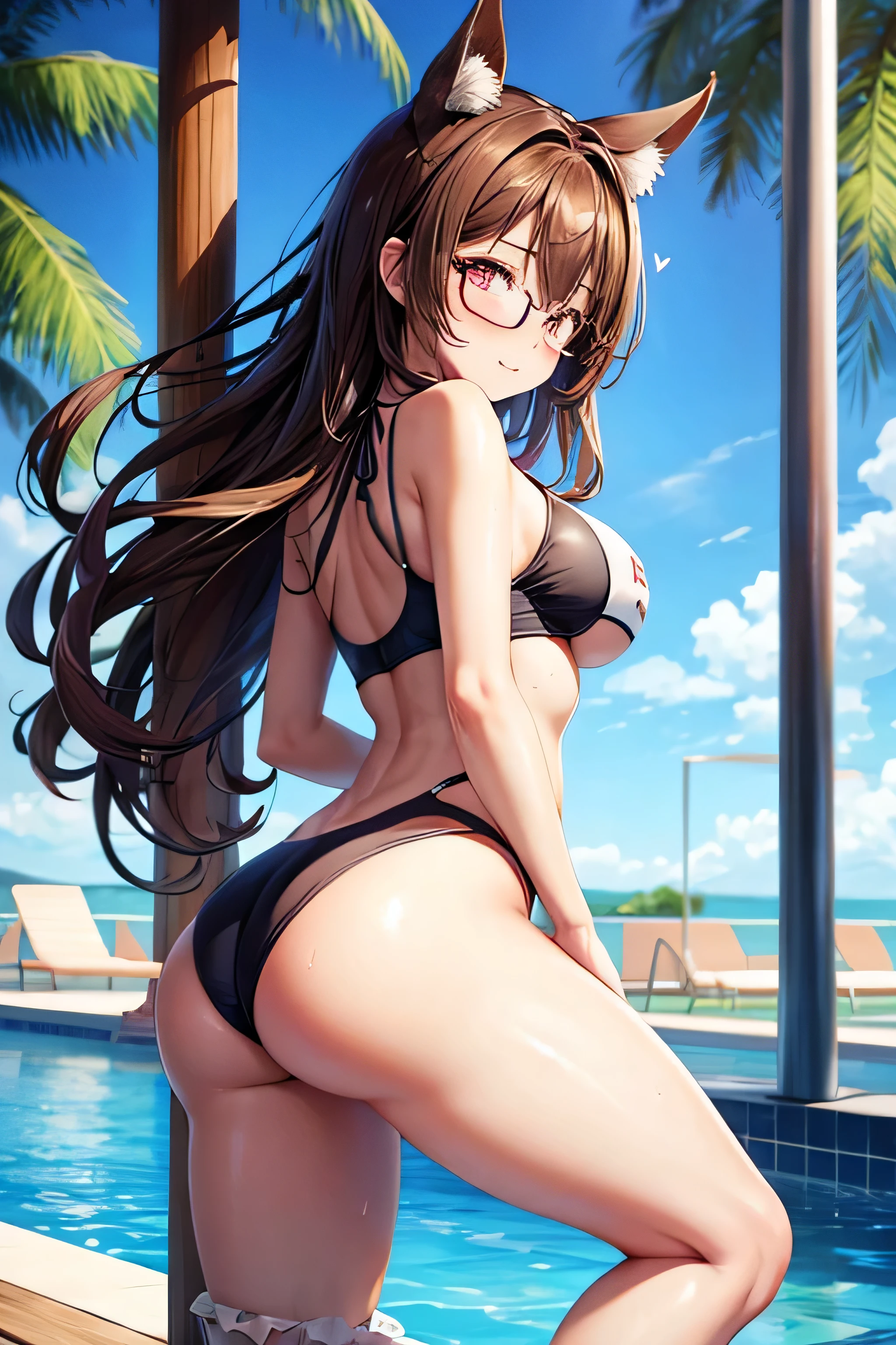 High resolution, high quality, 1 girl, anime girl,NSFW, Brown hair long hair, brown eyes,heart-shaped pupil, green glasses, tanned skin, big breasts,beautiful breasts,nipple,pointed chest,long nipples, (big ass),beautiful butt,Sweat,school swimwear,pole dance,raise your legs,camel toe,by the pool,