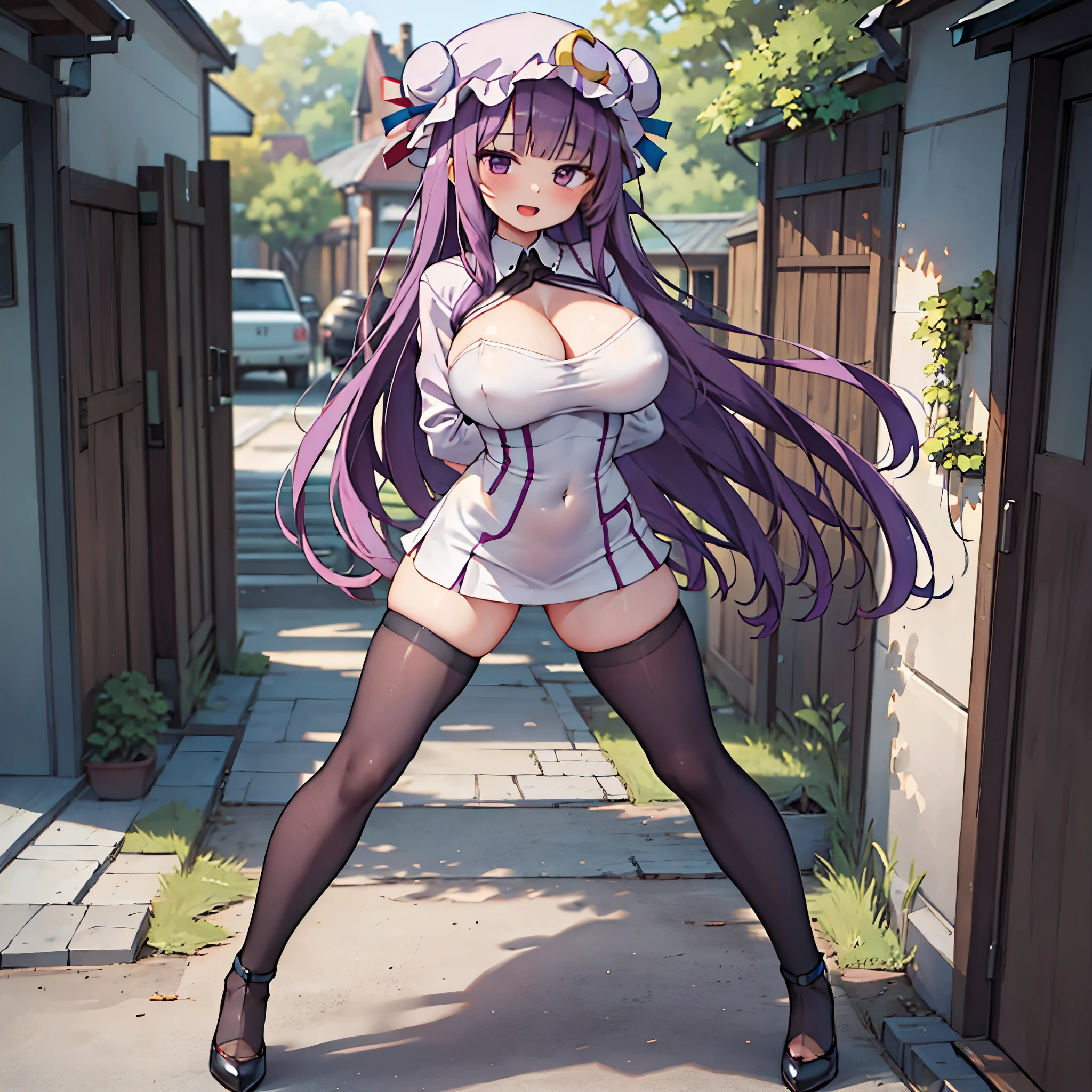 (Patchouli toho character), (standing at lakeside forest), outside, (standing with open legs wide:1.6), (arms behind back:1.3), (bending back:1.2), tiptoe, (pigeon toed), BREAK, (disproportionately gigantic huge perky breasts:1.2), cleavage, bouncing breasts, inconceivably thin waist, very short torso, (thin long legs apart:1.3), BREAK, very short miniskirt, thigh gap, (black thighhighs:1.2), highheels, BREAK, smile for viewer, open mouth, nose blush, full body