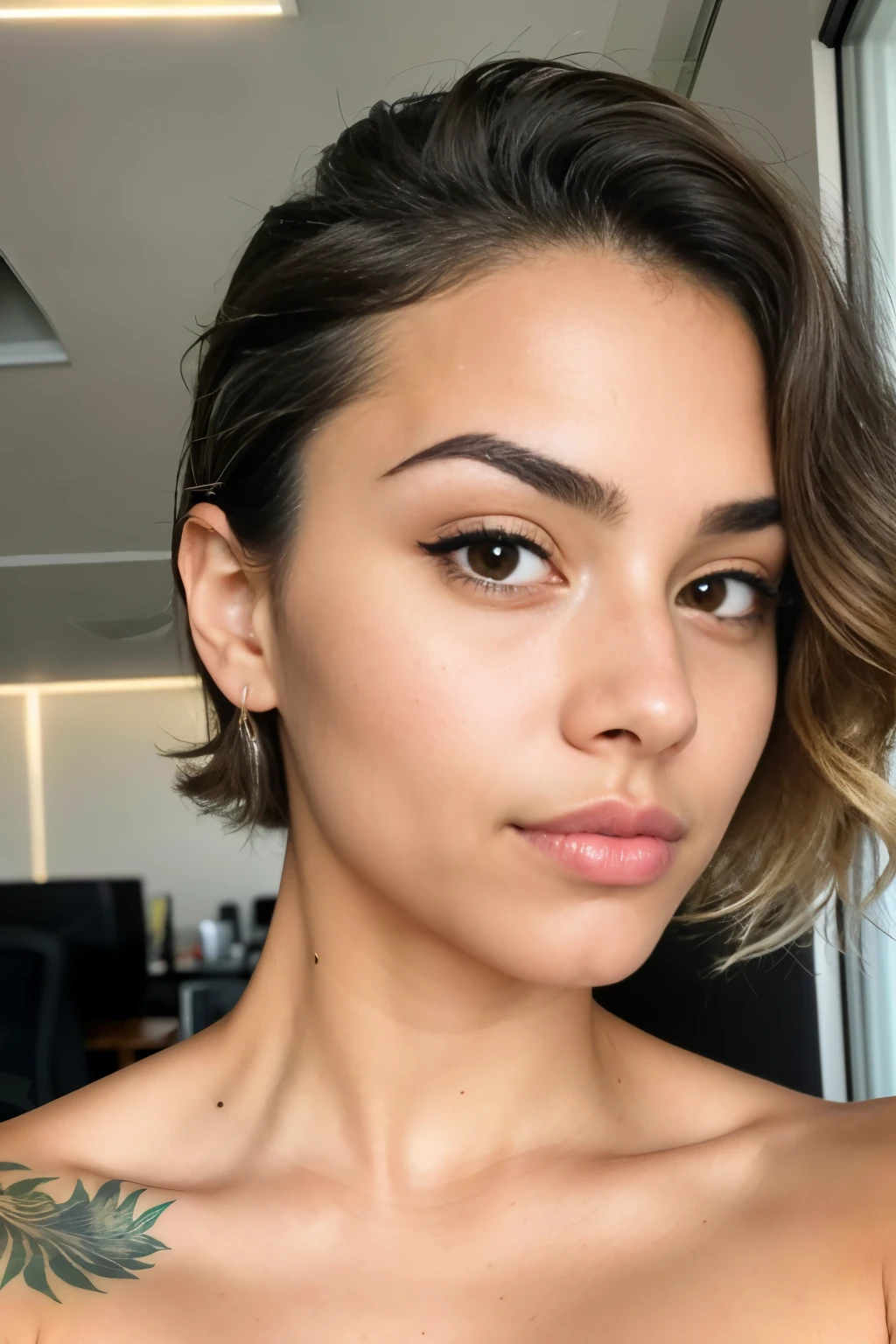 Portrait of the Brazilian woman, aged 26, taking a selfie on a side angle for Instagram in a room office as the background. She is centered in the middle of the image with a neutral expression, showcasing her afro, short, wavy, blonde hair. The hair is intricately and hyper-detailed, reflecting every strand's natural texture. The eyes, maximum fidelity; the eyes, brows, mouth, and nose, all exhibit sharp focus and contrast. Her features are hyper-natural, Global illumination enhances her facial features, and the photo boasts a clean, sharp focus. The extremely sharp details and an extremely sharp face further accentuate her facial
