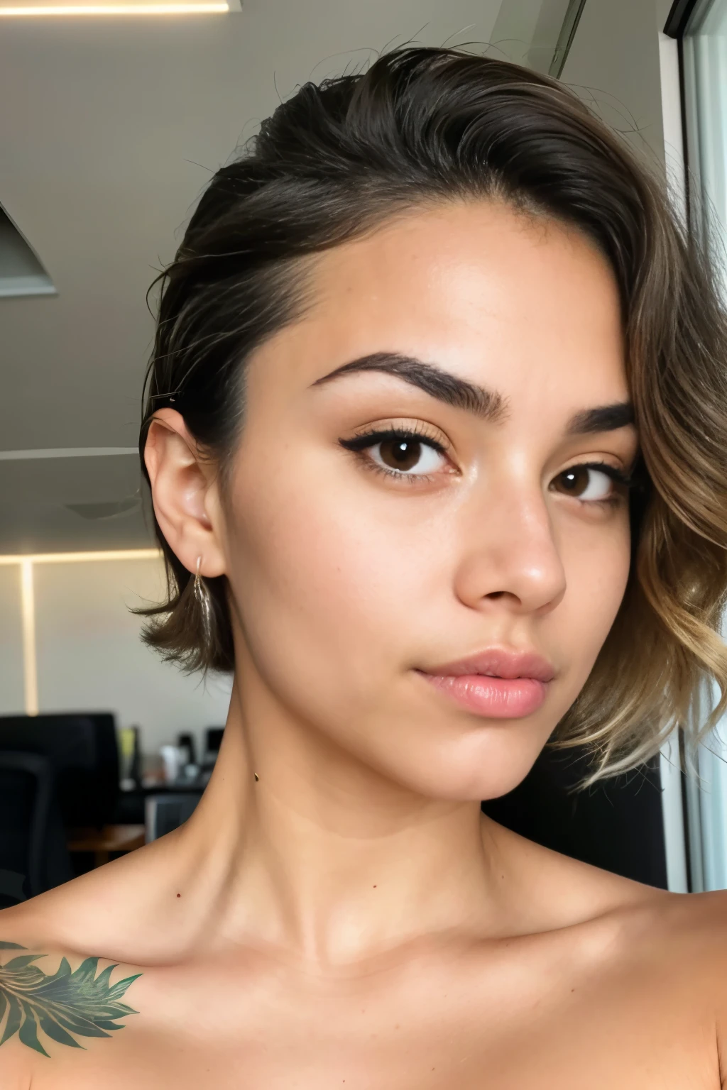 Portrait of the Brazilian woman, aged 26, taking a selfie on a side angle for Instagram in a room office as the background. She is centered in the middle of the image with a neutral expression, showcasing her afro, short, wavy, blonde hair. The hair is intricately and hyper-detailed, reflecting every strand's natural texture. The eyes, maximum fidelity; the eyes, brows, mouth, and nose, all exhibit sharp focus and contrast. Her features are hyper-natural, Global illumination enhances her facial features, and the photo boasts a clean, sharp focus. The extremely sharp details and an extremely sharp face further accentuate her facial
