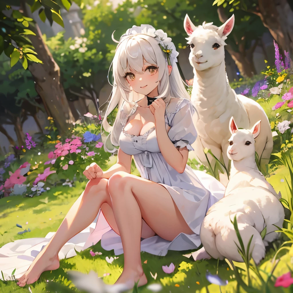 ((masterpiece,best quality)), 1girl, cute white llama, barefoot, knees up, dress, sitting, short sleeves, large breasts, cleavage, looking at viewer, grass, flowers, long hair, smile, white hair, puffy sleeves, outdoors, puffy short sleeves, bangs, on ground, full body, white dress, sunlight, brown eyes, dappled sunlight, day, depth of field