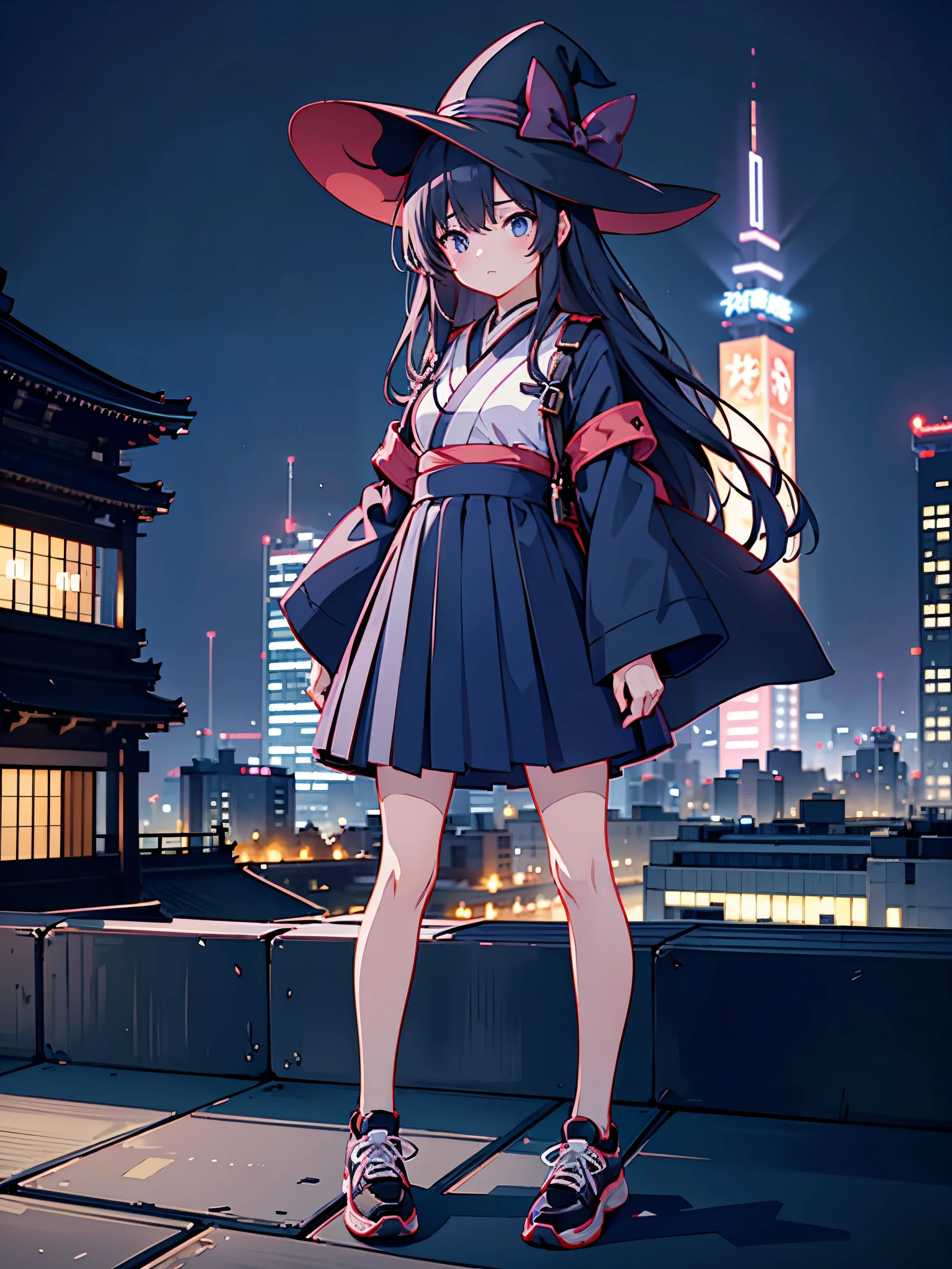 japanese illustration、A girl lost in thought on the rooftop of a lit-up building at night in Tokyo、Woman wearing a large black witch hat with small sapphire accessories、She is wearing a white dress with a navy blue ribbon.、navy blue skirt、black stockings、black sneakers with white laces、carrying a sniper rifle on his back、Tokyo at night、The night view is beautiful、An expression that looks sad but shows strong will.、The girl stands up and looks into the distance