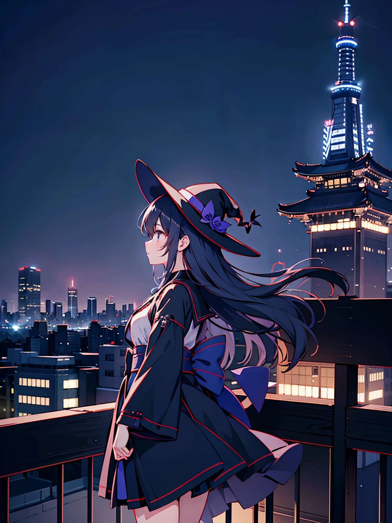japanese illustration、A girl lost in thought on the rooftop of a lit-up building at night in Tokyo、Woman wearing a large black witch hat with small sapphire accessories、She is wearing a white dress with a navy blue ribbon.、navy blue skirt、black stockings、black sneakers with white laces、carrying a sniper rifle on his back、Tokyo at night、The night view is beautiful、An expression that looks sad but shows strong will.、The girl stands up and looks into the distance