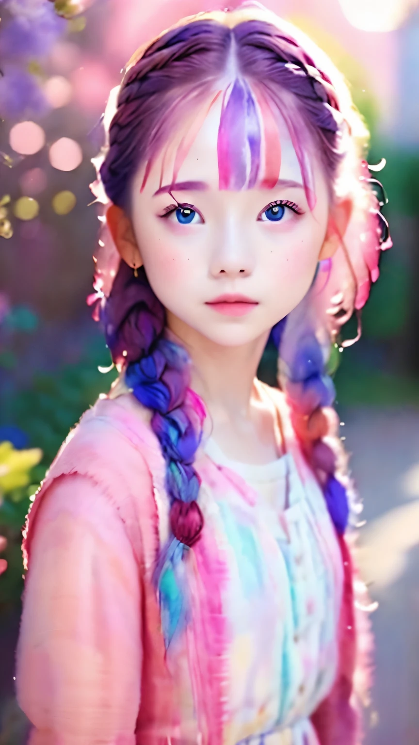 one girl、purple hair、Braid、cute face、small nose、plump lips、red lipstick、natural look、cute clothes、pink clothes、(((The background is blurry、blurred background、Watercolor-like background)))、highest quality、High resolution、High resolution、cinematic lighting、professional photographer