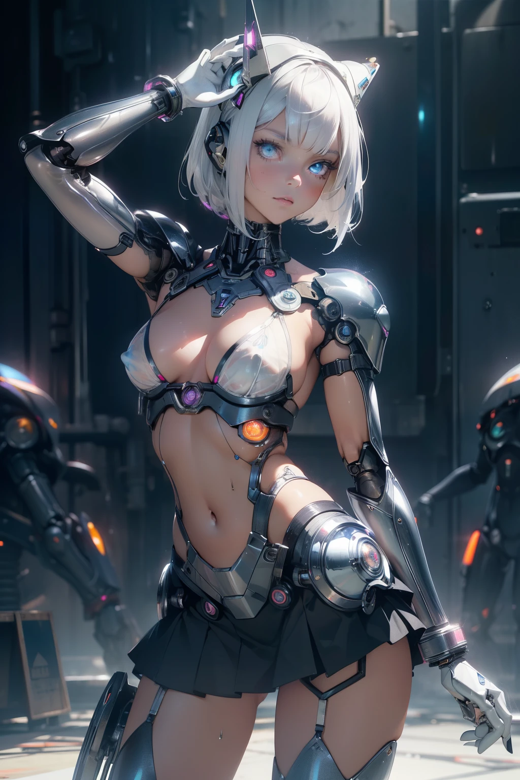 (quality)), ((masterpiece)), Recommended results、Puffy nipples、(see through:1.5)、straighten your back、abdominal muscles、huge bust、angle to floor:1.2、low camera angle、Hair loss on crotch，Hatsune Miku，(cyborg girl),(cyborg girl:1.5),maid android,((1 girl)),((mechanical  girl with extremely charming and beautiful pale nipples 金色的 hair)),(big breasts:1.4),Breast sagging,(((pale nipples 金色的 bob hair:1.35,Colored inner hair,short hair,ear breathing))),(((toy doll))),((pale nipples white skin,toy doll joints:1.5,Manipulator:1.5)),((silver armor dress,Tesla Coil)),((maid mechanical toy doll:1.5,body:1.5,metal skin,ball joint,cyborg:1.5, part:1.5,:1.5,Mechanical joint: 1.4,mechanical limbs)),(((pale nipples_blue_Eye:1.3))),complicated Eye,beautiful detailed Eye,symmetrical Eye,((fat)),(((shiny skin:1.5,bright skin: 1.5,shiny skin,very shiny skin,shining body,plastic glitter skin,exaggerated shiny skin,glowing skin,wet legs))),(lower abdomen,Yao Liu,wide hips,detailed body,(Detailed face)),charming,slutty,Tempting,,((national foundation)),(maid headdress),only_Shoulder,Delicate metal decoration,hat,(maid),sleeveless,mini skirt,boots,art photography,(Photos taken by sldr),high resolution, sharp focus,(super detailed, Very detailed), (realistic artwork:1.37),(Very detailed CG unity 8k wallpaper),((Synthwave background theme)),(((bright colors))),complicated,(complicated background),(masterpiece),(最好的quality),Perfect face,Perfect facial details,realistic face,lifelike,analog style,((complicated detail)),(((realism))),