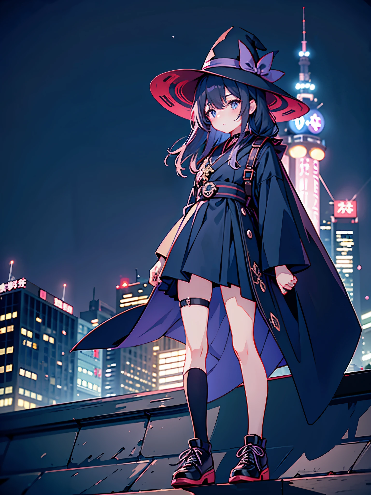 japanese illustration、A girl lost in thought on the rooftop of a lit-up building at night in Tokyo、Woman wearing a large black witch hat with small sapphire accessories、She is wearing a white dress with a navy blue ribbon.、navy blue skirt、black stockings、black sneakers with white laces、carrying a sniper rifle on his back、Tokyo at night、The night view is beautiful、An expression that looks sad but shows strong will.、The girl stands up and looks into the distance