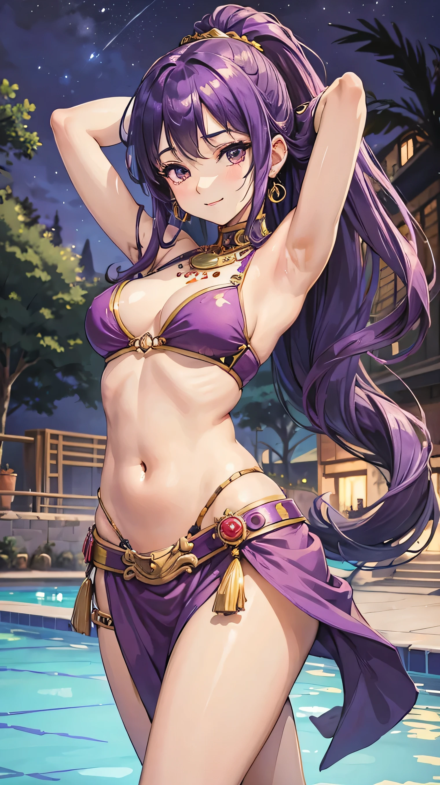 girl, purple hair, long hair, happy expression, best quality, belly dancer out fit, night time theme, navel showing, armpit showing, pool side setting, arms behind head,
