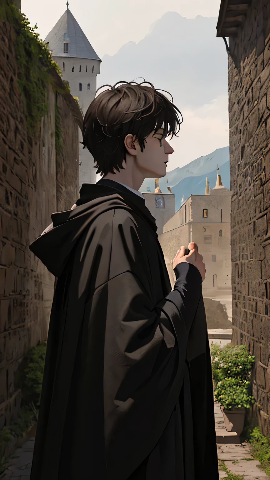 boy (), Harry Potter, clothing black robes, Against the background of a medieval castle, Maximum realism, high detail, masterpiece, detailed detailed background, masterpieceальное качество, realism, side view
