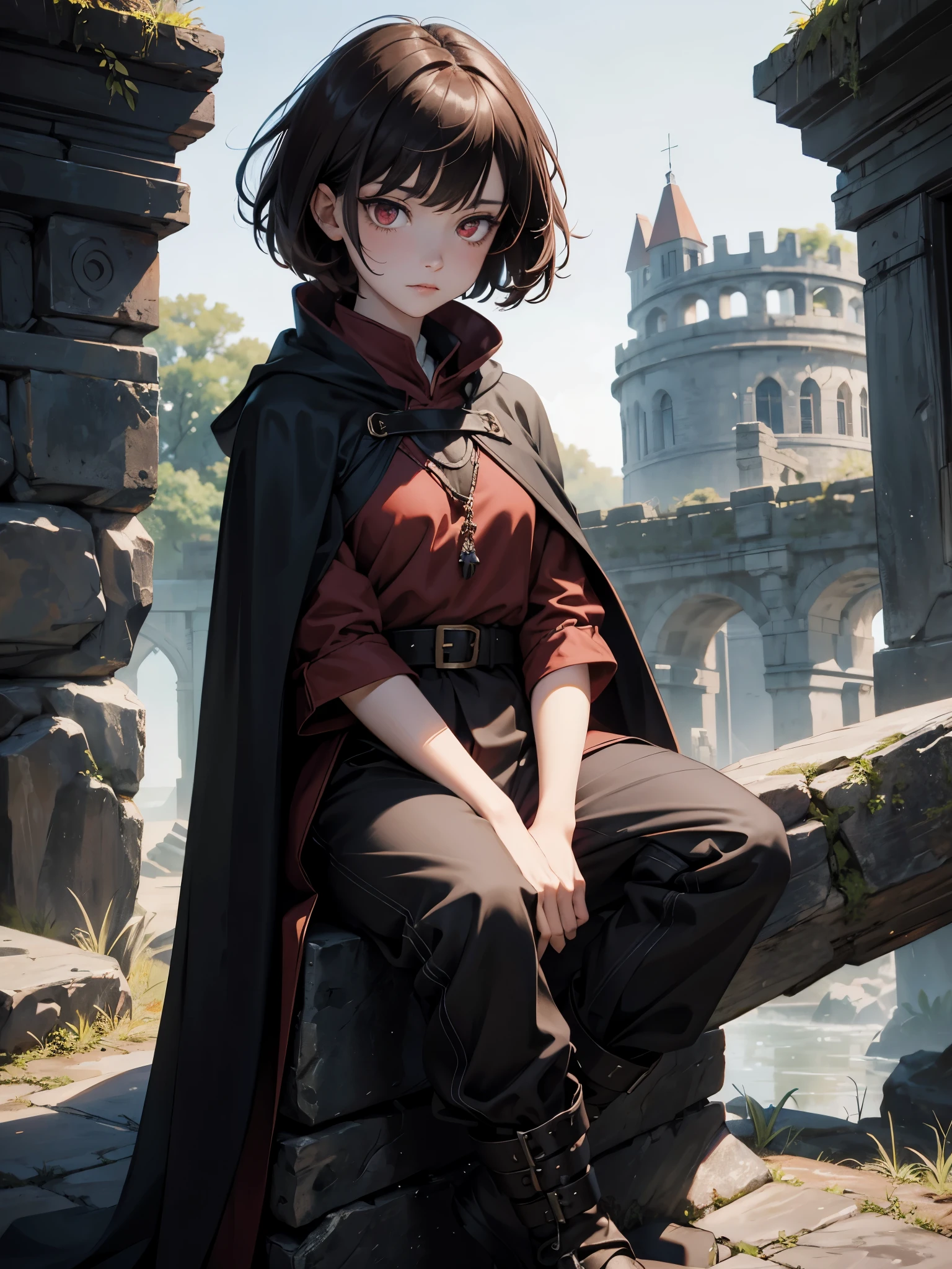 (ruby eyes), anime, solo, 1girl, red eyes, circles under eyes, unsatisfied expression, shadow on eyes,, pale skin, short brown hair, messy haircut, (fantasy medieval clothes), (gray cloak, torn cloak), long black tunic, ((belts on clothes)), oversized pants, old boots, full-body portrait, sitting on rock, many scars on body,