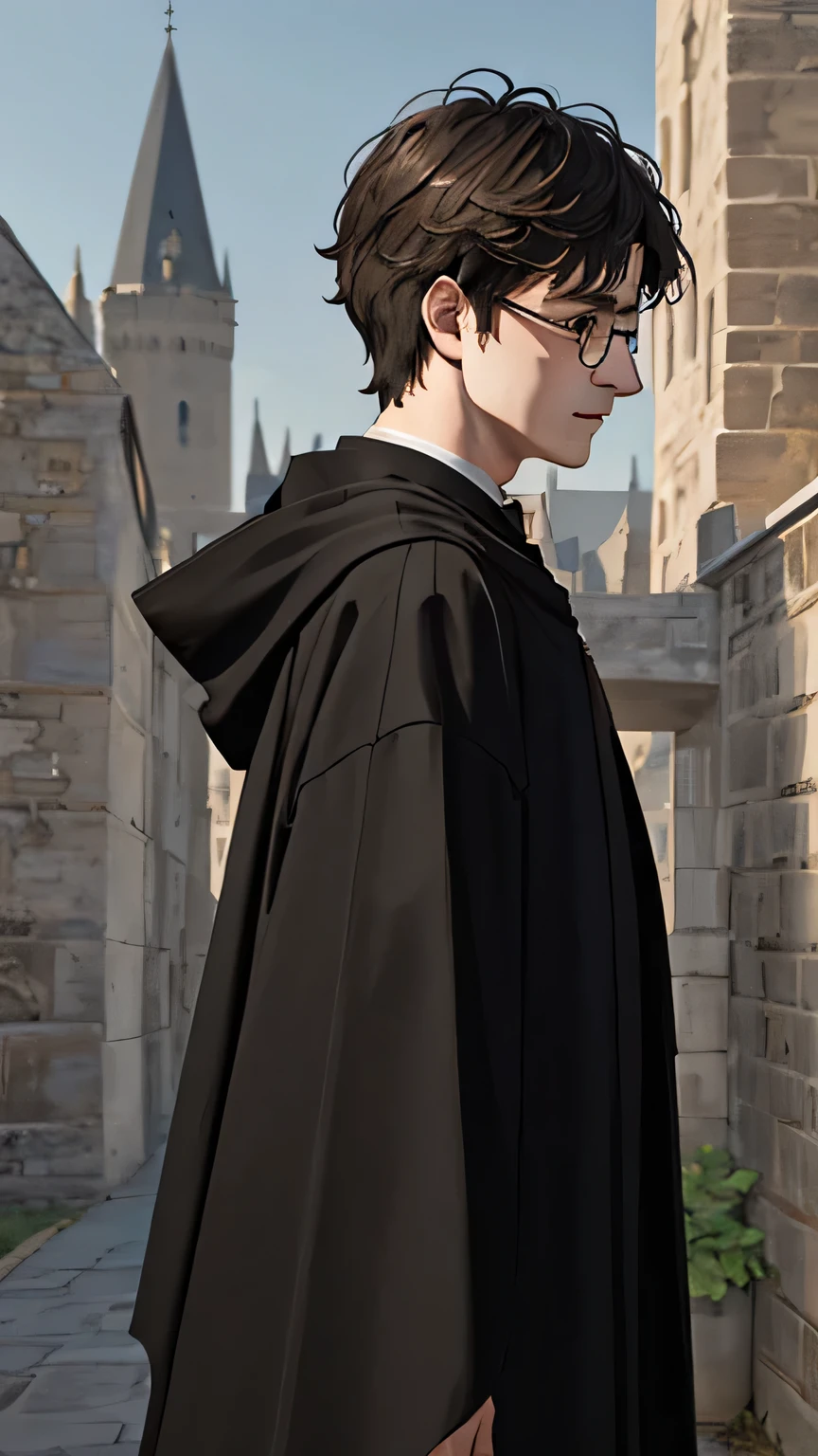 boy (15 years old), Harry Potter, clothing black robes, Against the background of a medieval castle, Maximum realism, high detail, masterpiece, detailed detailed background, masterpieceальное качество, realism, side view