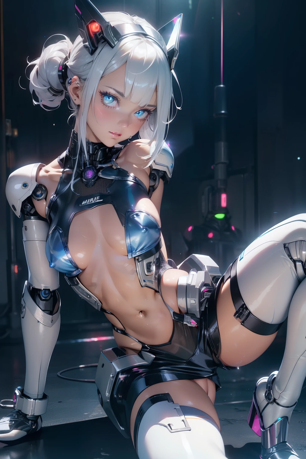 (quality)), ((masterpiece)), Recommended results、Puffy nipples、(see through:1.5)、straighten your back、abdominal muscles、huge bust、angle to floor:1.2、low camera angle、Hair loss on crotch,Hatsune Miku,(cyborg girl),(cyborg girl:1.5),maid android,((1 girl)),((mechanical girl with extremely charming and beautiful pale nipples 金色的 hair)),(big breasts:1.4),Breast sagging,(((pale nipples 金色的 bob hair:1.35,Colored inner hair,short hair,ear breathing))),(((toy doll))),((pale nipples white skin,toy doll joints:1.5,Manipulator:1.5)),((silver armor dress,Tesla Coil)),((maid mechanical toy doll:1.5,body:1.5,metal skin,ball joint,cyborg:1.5, part:1.5,:1.5,Mechanical joint: 1.4,mechanical limbs)),(((pale nipples_blue_Eye:1.3))),((fat)),(((shiny skin:1.5,bright skin: 1.5,shiny skin,very shiny skin,shining body,plastic glitter skin,exaggerated shiny skin,glowing skin,wet legs))),(lower abdomen,Yao Liu,wide hips,detailed body,(Detailed face)),charming,slutty,Tempting,,((national foundation)),(maid headdress),only_Shoulder,Delicate metal decoration,hat,(maid),sleeveless,mini skirt,boots,art photography,(Photos taken by sldr),high resolution, sharp focus,(super detailed, Very detailed), (realistic artwork:1.37),(Very detailed CG unity 8k wallpaper),((Synthwave background theme)),(((bright colors))),complicated,(complicated background),(masterpiece),(最好的quality),Perfect face,Perfect facial details,realistic face,lifelike,analog style,((complicated detail)),(((realism))),