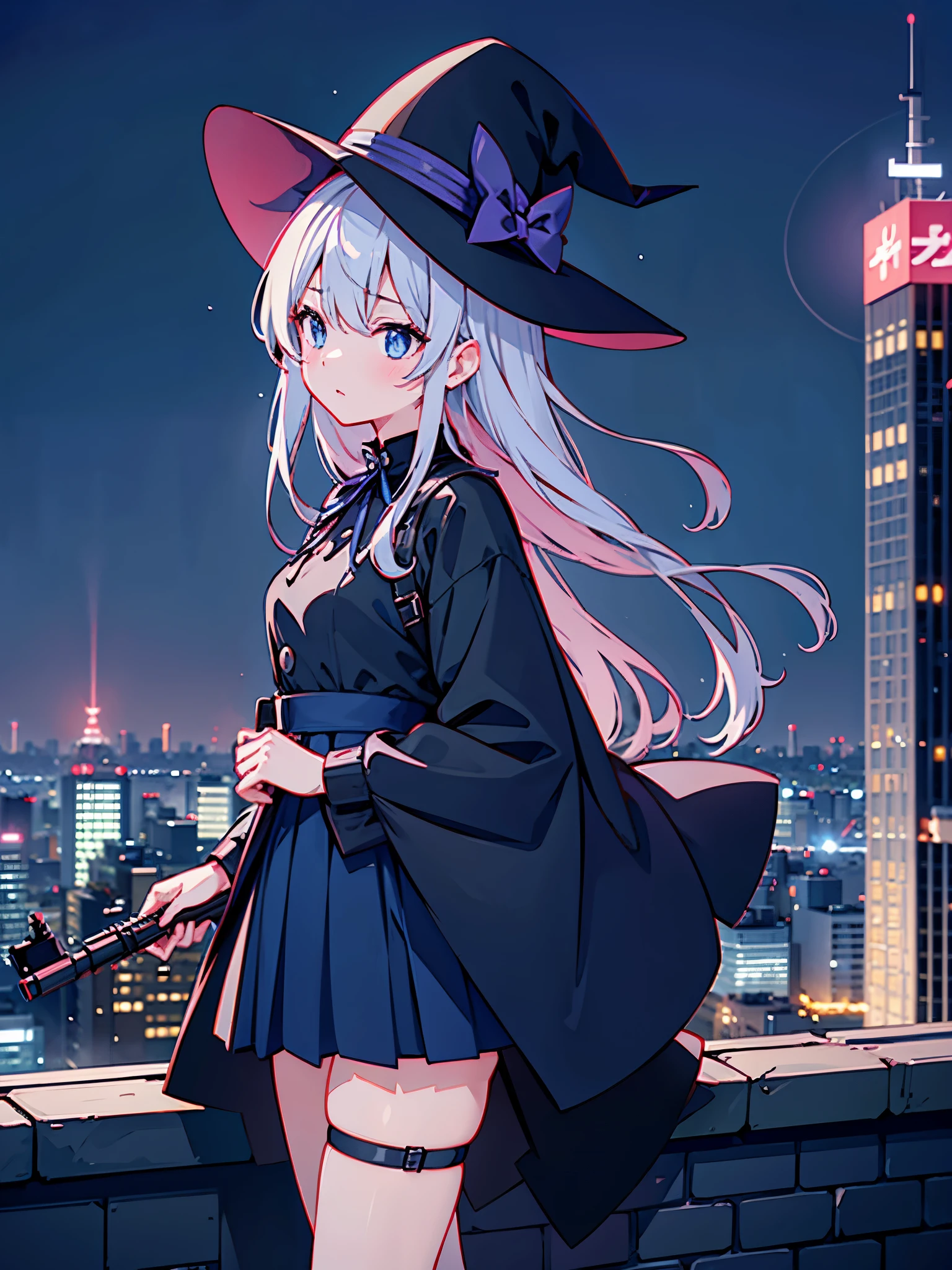 A girl lost in thought on the rooftop of a lit-up building at night in Tokyo、Woman wearing a large black witch hat with small sapphire accessories、She is wearing a white dress with a navy blue ribbon.、navy blue skirt、black stockings、black sneakers with white laces、carrying a sniper rifle on his back、Tokyo at night、The night view is beautiful、An expression that looks sad but shows strong will.、The girl stands up and looks into the distance、High-quality backgrounds