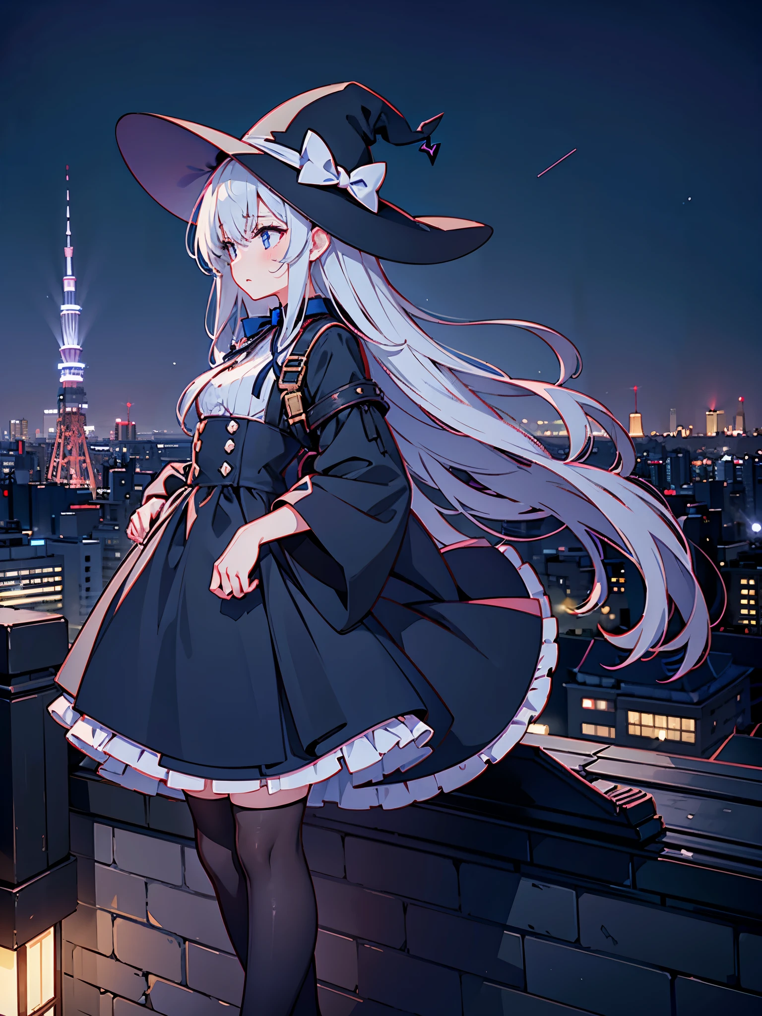 A girl lost in thought on the rooftop of a lit-up building at night in Tokyo、Woman wearing a large black witch hat with small sapphire accessories、She is wearing a white dress with a navy blue ribbon.、navy blue skirt、black stockings、black sneakers with white laces、carrying a sniper rifle on his back、Tokyo at night、The night view is beautiful、An expression that looks sad but shows strong will.、The girl stands up and looks into the distance、High-quality backgrounds