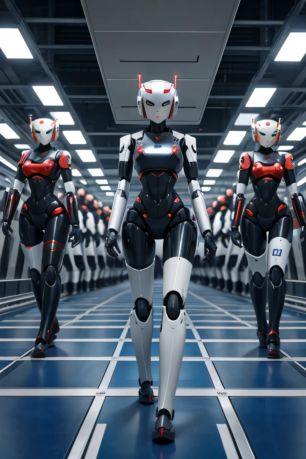 Female robots are mass produced Multiple female robots are standing on a conveyor belt. everyone closes their eyes everyone looks the same Mechanical and homogeneous body
