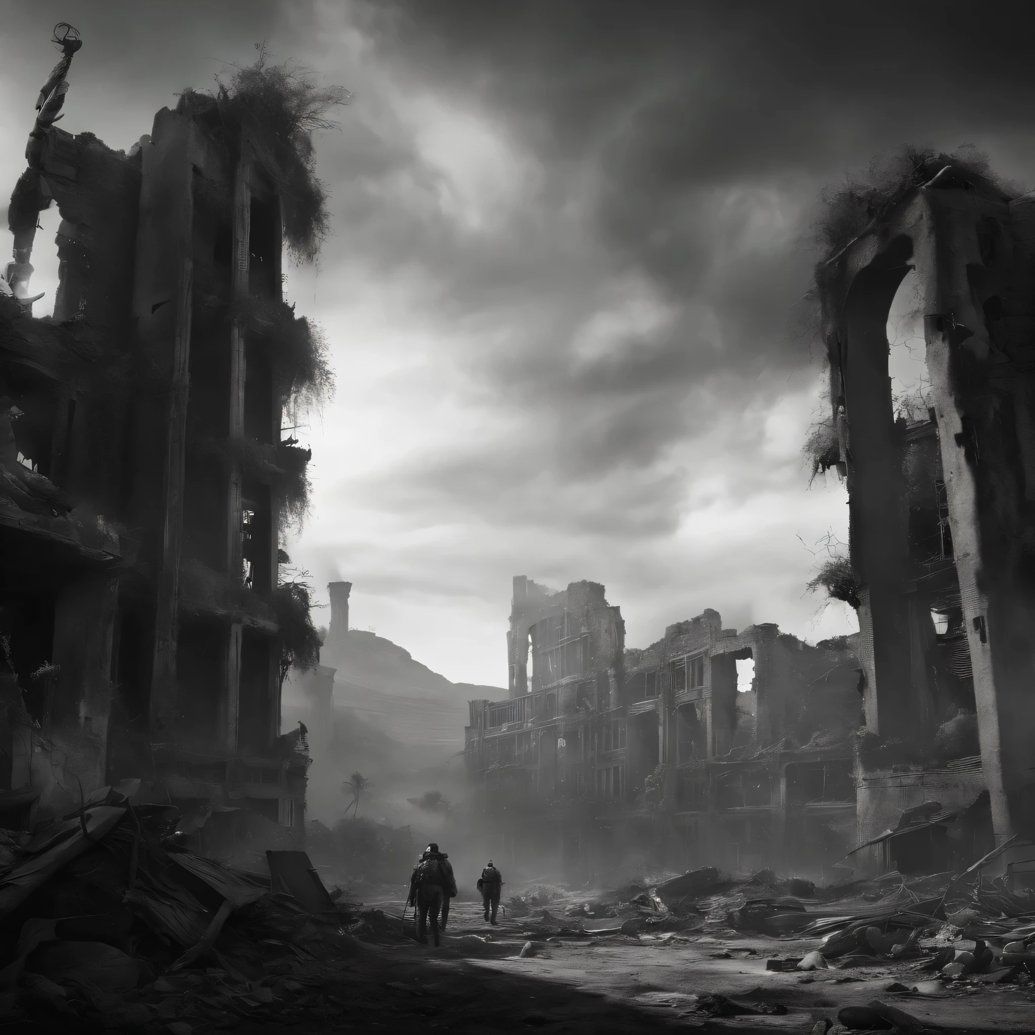 Generate a striking black and white post-apocalyptic scene that represents the ruins of a metropolis consumed by toxic vegetation, where a lone survivor advances with determination among crumbling buildings and threatening plants. Focus on transmitting sensations of terror, soledad, Desolation and despair.