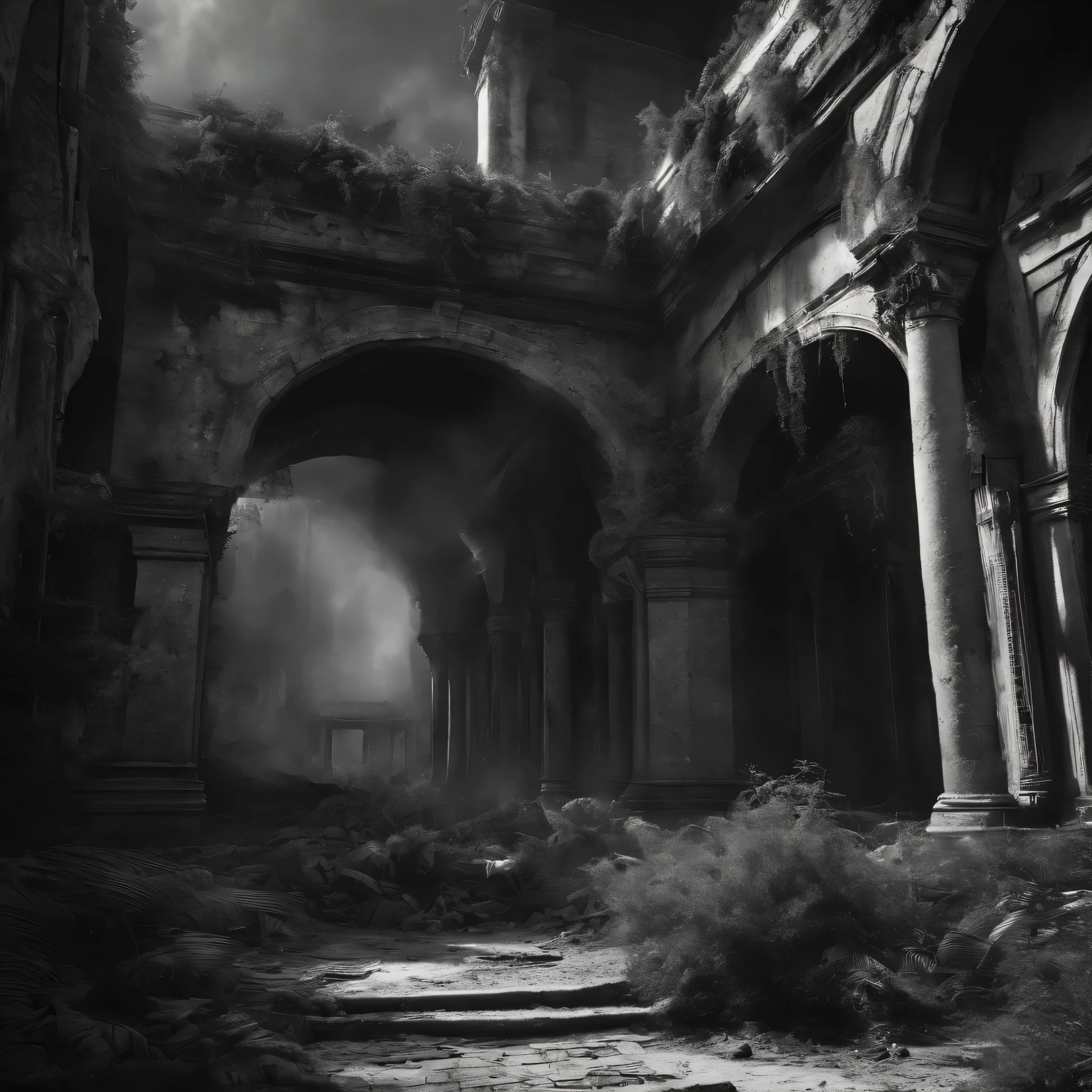 Generate a striking black and white post-apocalyptic scene that represents the ruins of a metropolis consumed by toxic vegetation, where a lone survivor advances with determination among crumbling buildings and threatening plants. Focus on transmitting sensations of terror, soledad, Desolation and despair.