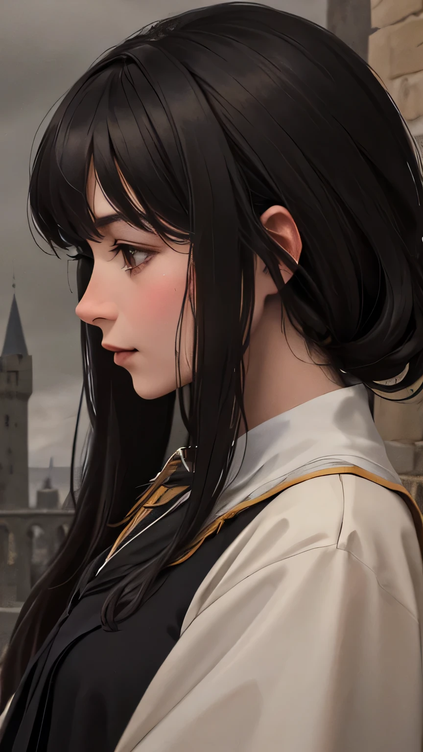 Harry Potter looks at a tall dark-haired girl, clothing black robes, Against the background of a medieval castle, Maximum realism, high detail, masterpiece, detailed detailed background, masterpieceальное качество, realism, side view